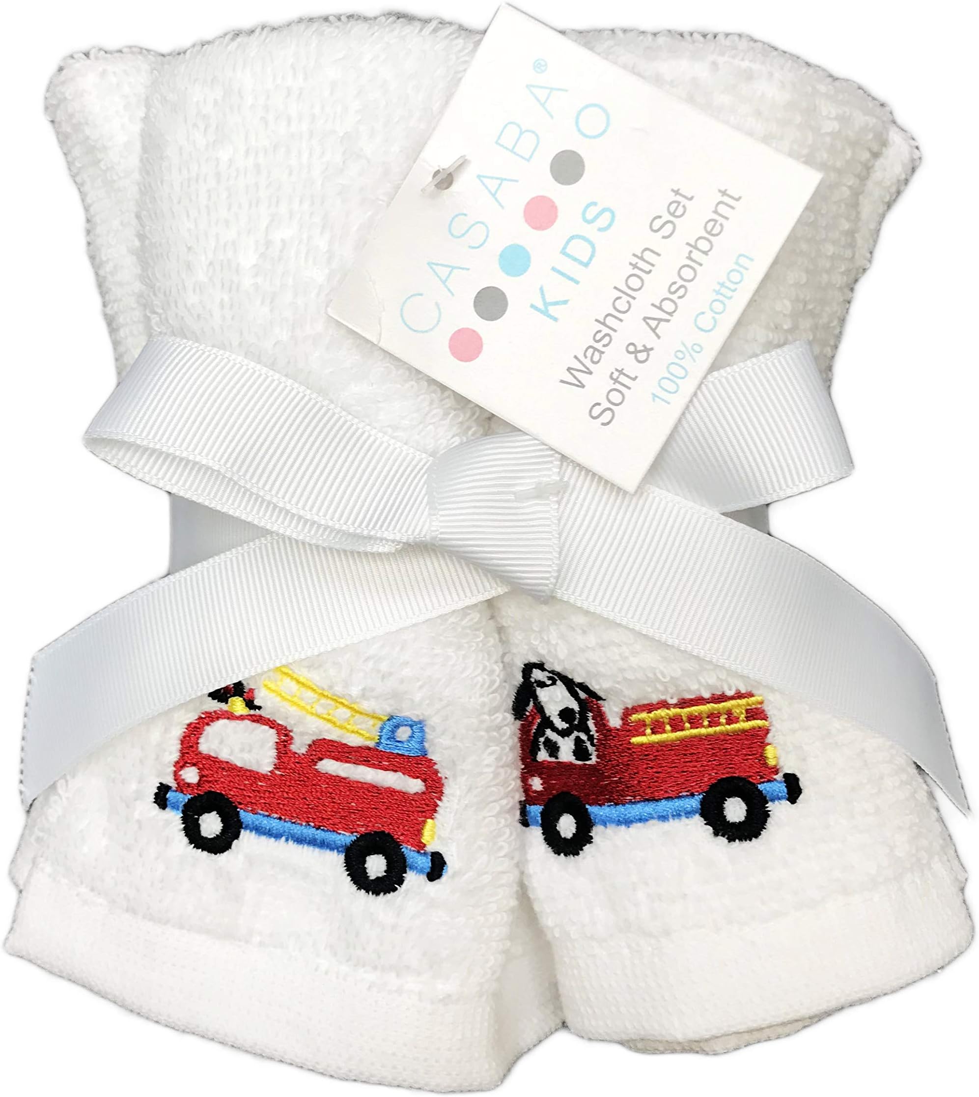 Casaba Kids Cute Embroidered Red Fire Trucks 100% Cotton Novelty Bathroom Guest Towel (6, Wash Cloth)