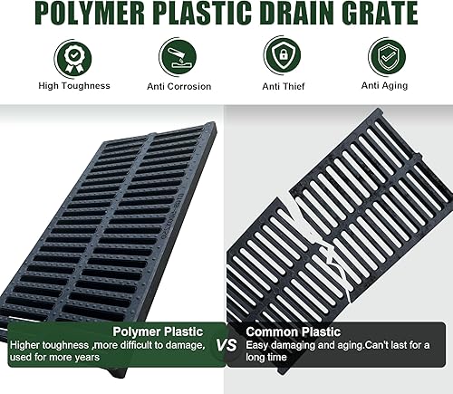 Miniatura 3 de Paquete de 6 rejillas de drenaje de canal de plástico de polímero, 19.7 x 10 x 1 pulgadas, cubierta de zanja duradera, longitud total de 118