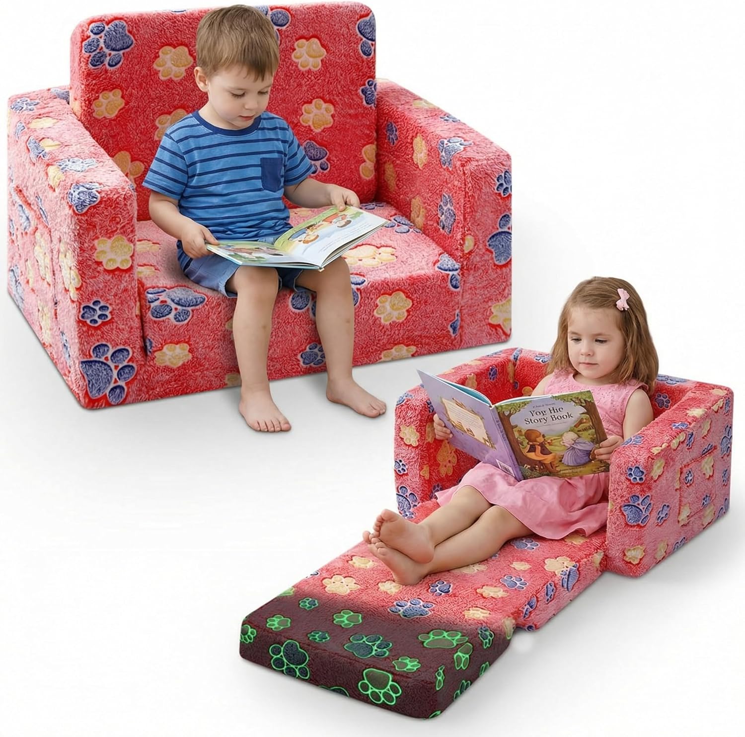 Glow in the Dark 2 in 1 Toddler Couch, Foldable Flip Open Kids Sofa Bed for Playroom, Comfy Thick Plush Chair with Paw Prints for Girls and Boys, Ages 1-3
