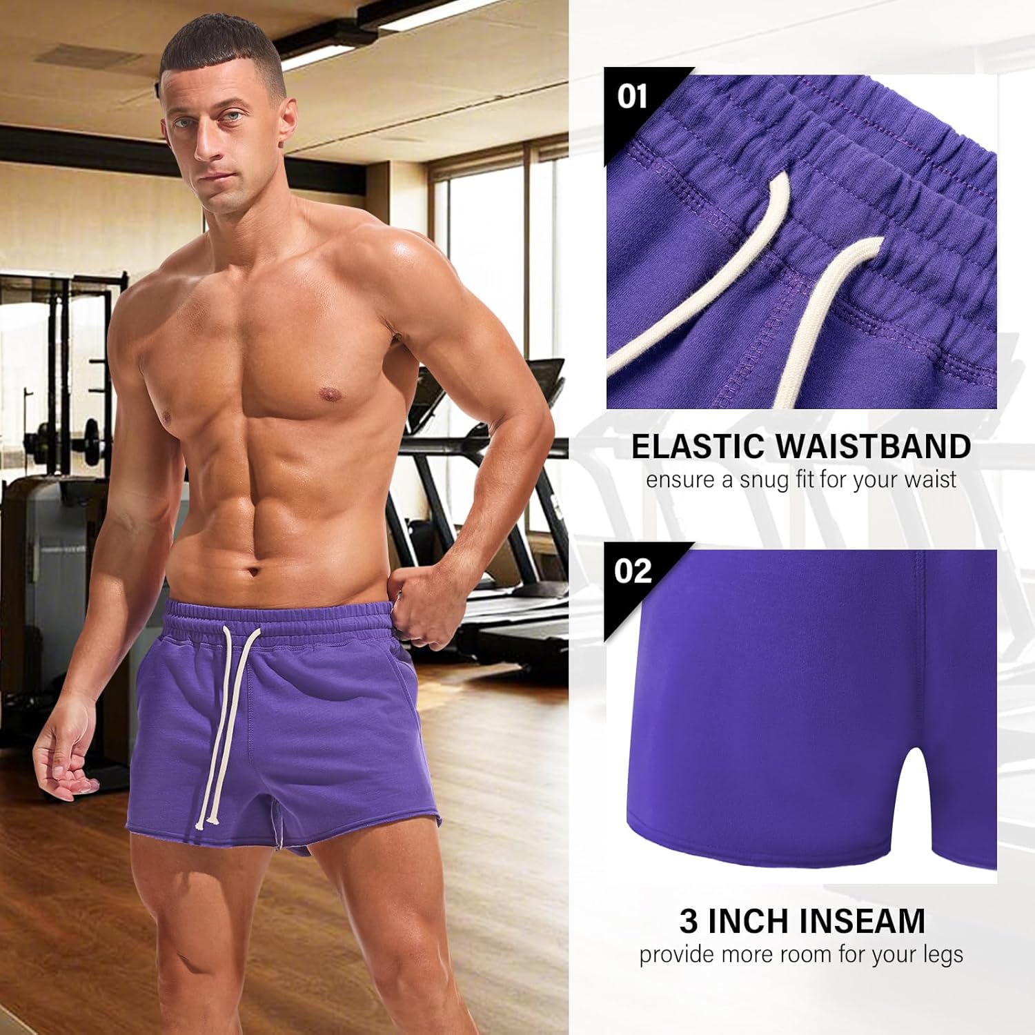 AMY COULEE Mens Workout Shorts 3 inch Cotton Gym Shorts Casual Lounge Short Pants with Pockets