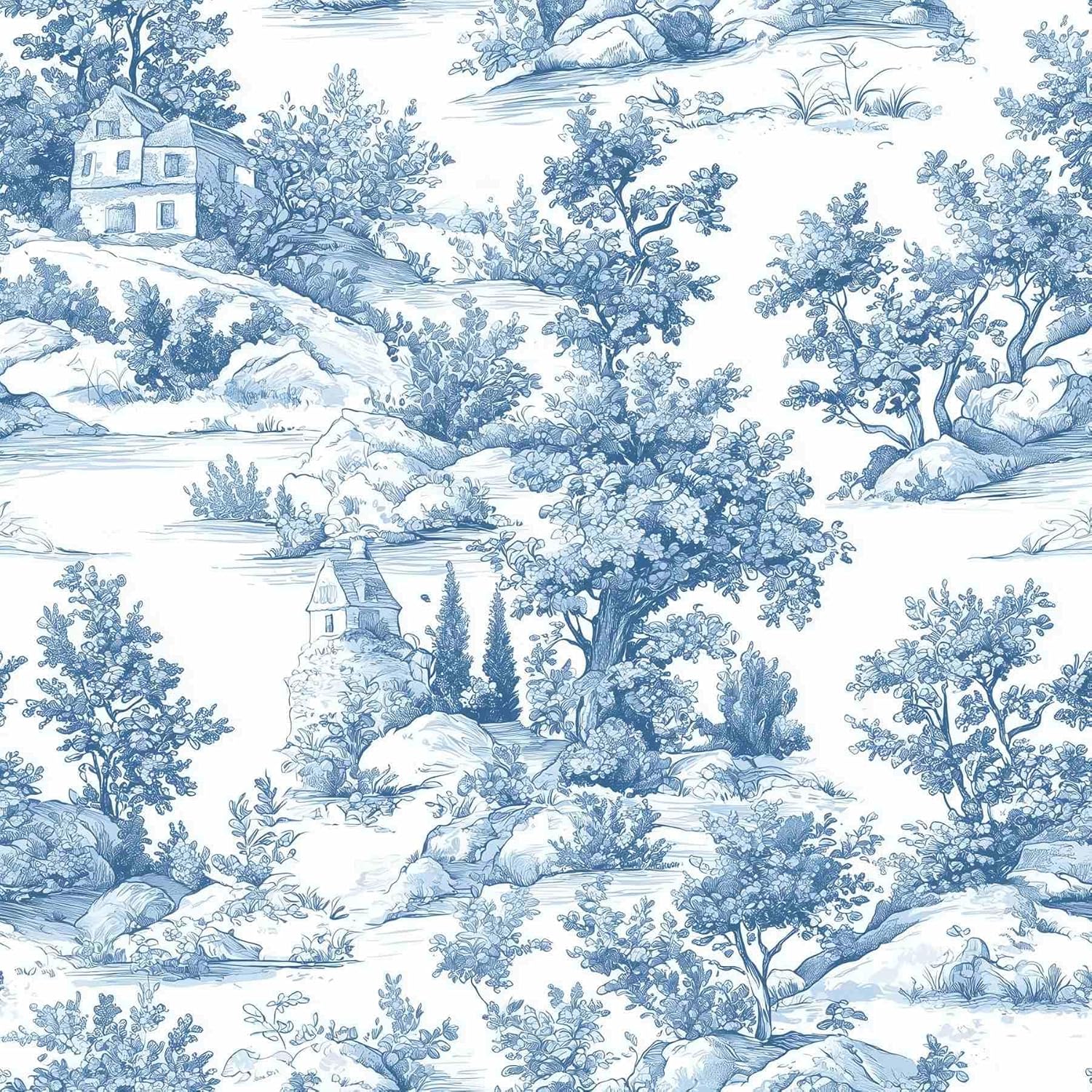 Vintage Blue Toile Peel and Stick Wallpaper – French Country Landscape Wallpaper for Home Décor | 17.7" x 236", Self-Adhesive, Waterproof Vinyl