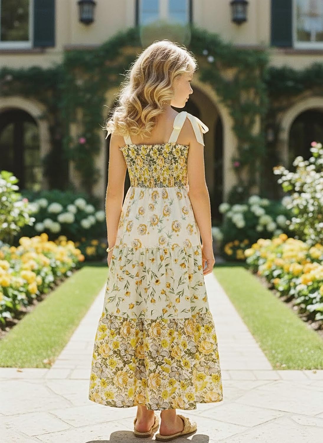 Sunny Spirit Girls Maxi Dress Tween Girl Summer Spring Easter Floral Boho Smocked Patchwork Bow Strap Sundress 5-14 Years