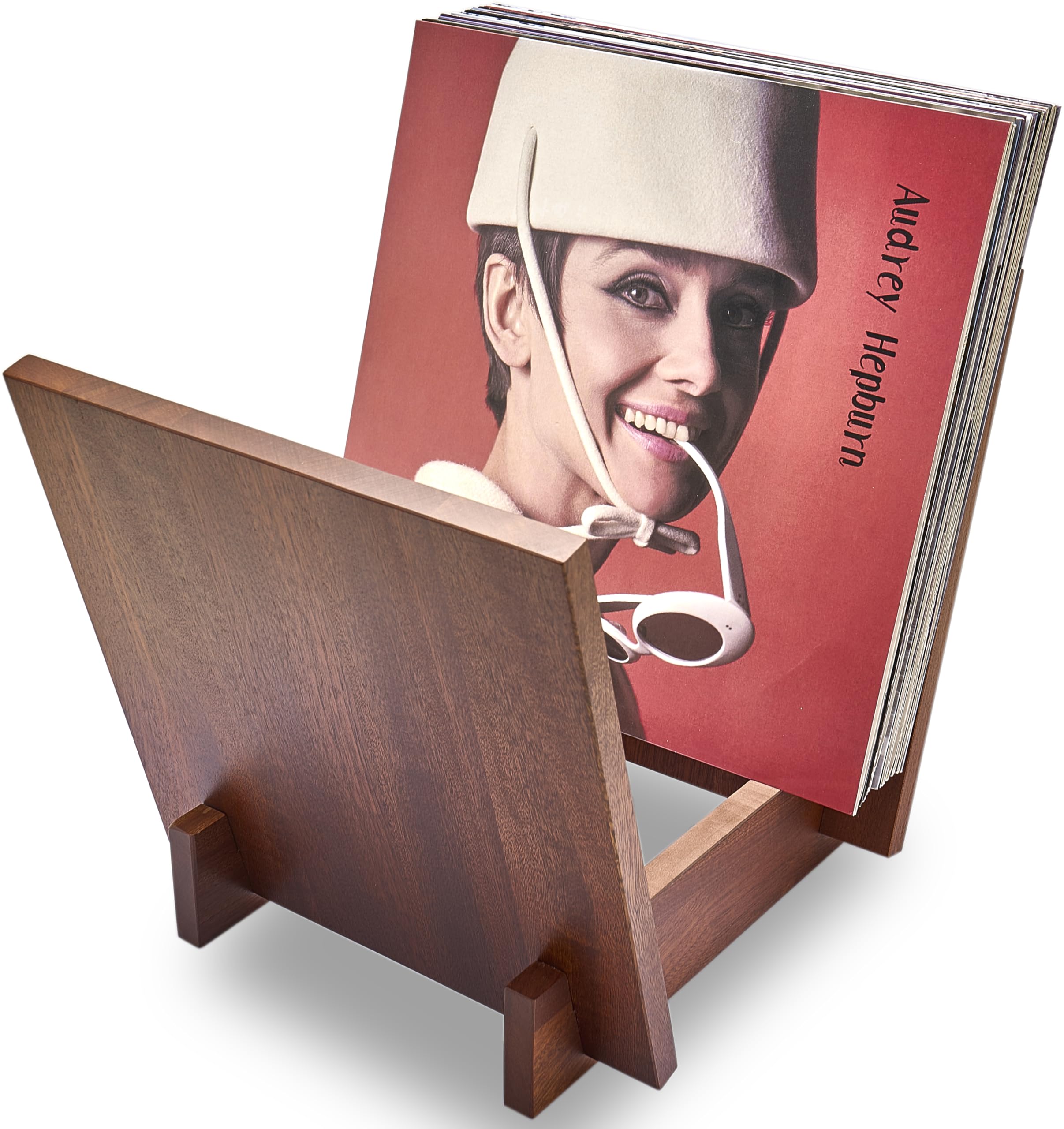 Honygebia Porta Dischi in Legno Massello - Supporto per Vinili in Sapele, Rack a V per Esposizione e Archivio, Ideale per Conservare una Collezione di 40 LP Premium
