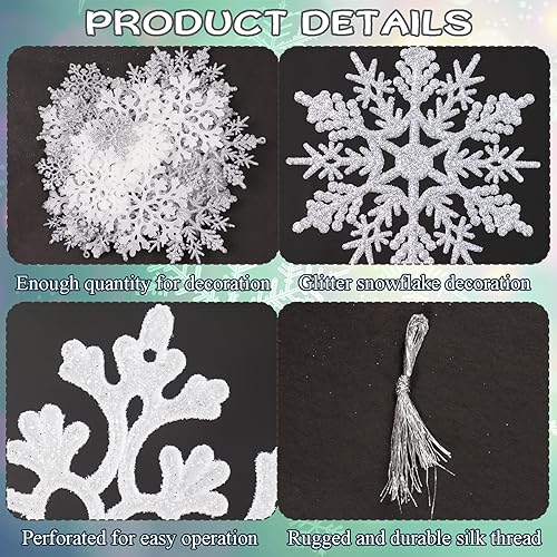 Miniatura 9 de Adornos de copo de nieve de Navidad blancos y plateados, 36 piezas de copos de nieve colgantes con purpurina de plástico para decoración de árbol de