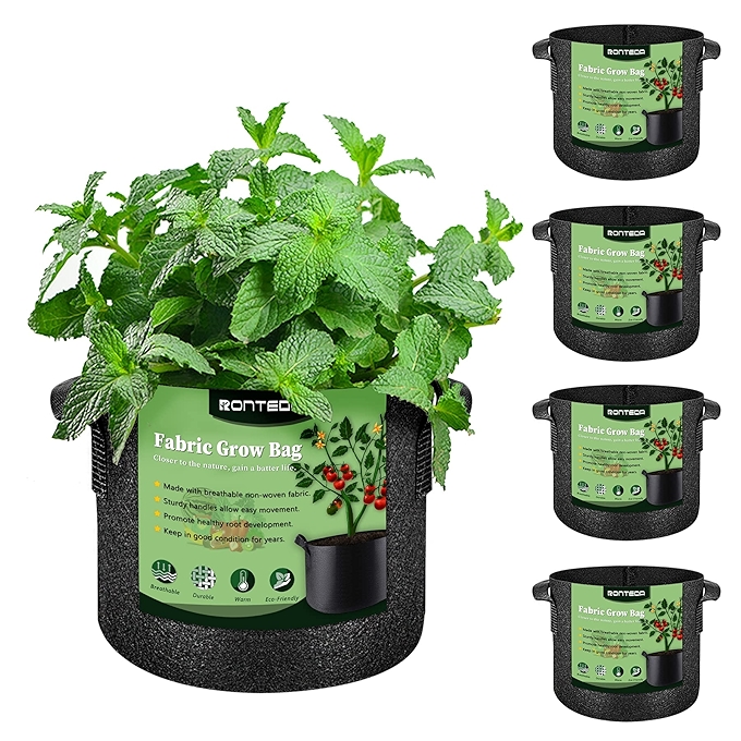 5个装10加仑种植袋 - 加厚无纺布植物袋，带手柄，适用于蔬菜、花卉种植（黑色）