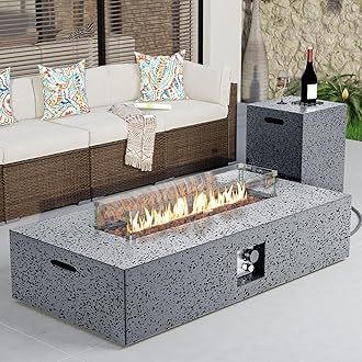 COSIEST 56 x 28 inch Outdoor Propane Fire Pit Coffee Table w Concrete Rectangle Base, Certified, 50,000 BTU, Free Lava Rocks and RainCover, Fits 20lb Tank Outside, Wind Guard, Tank Cover, Gray