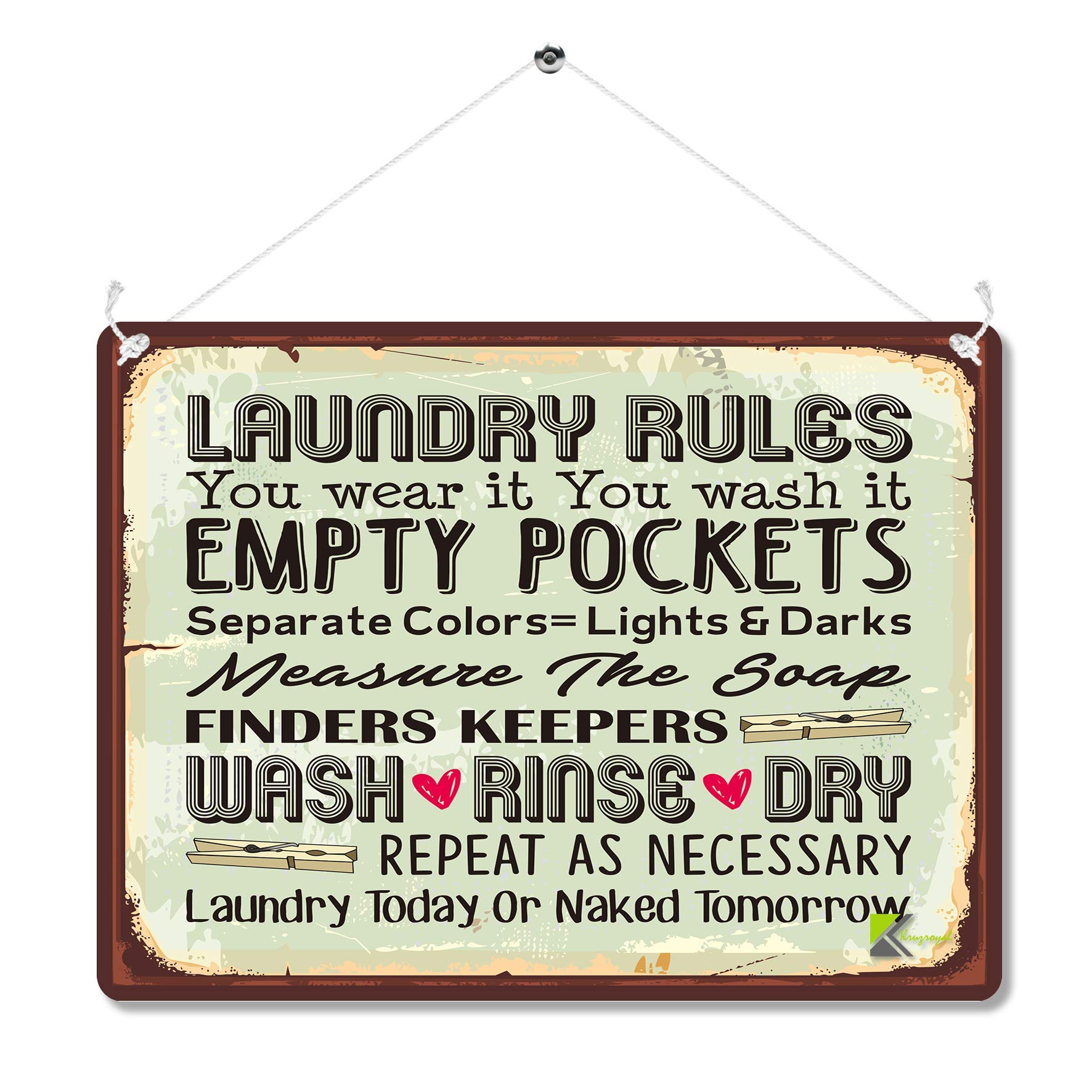 Kruzroyal Laundry Room Metal Wall Sign, Humorous Laundry Rules Novelty Plaque Gift, Retro Vintage Utility Decor for Home or Washroom, 20x15cm with Hanging String