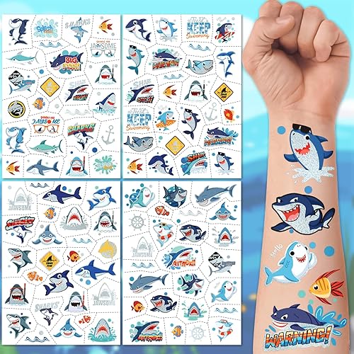 Miniatura 2 de Tatuajes temporales con purpurina de tiburón para niños, 4 hojas de tatuajes falsos bronceadores para niñas y niños, tatuajes de pez, cuerpo de pez,