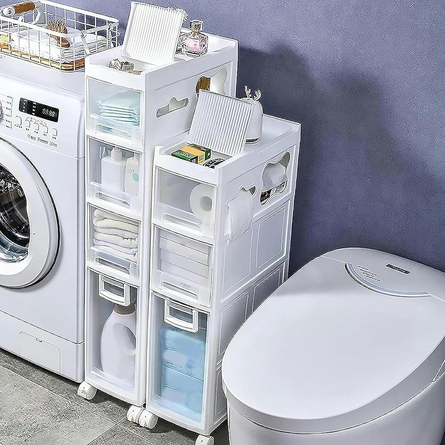 XENITE Narrow Slim Bathroom Floor Cabinet, Skinny Toilet Paper Storage Cabinet with 4 Plastic Drawers and Casters Large Capacity Vertical Storage Unit for Bathroom, Small Spaces, Gaps