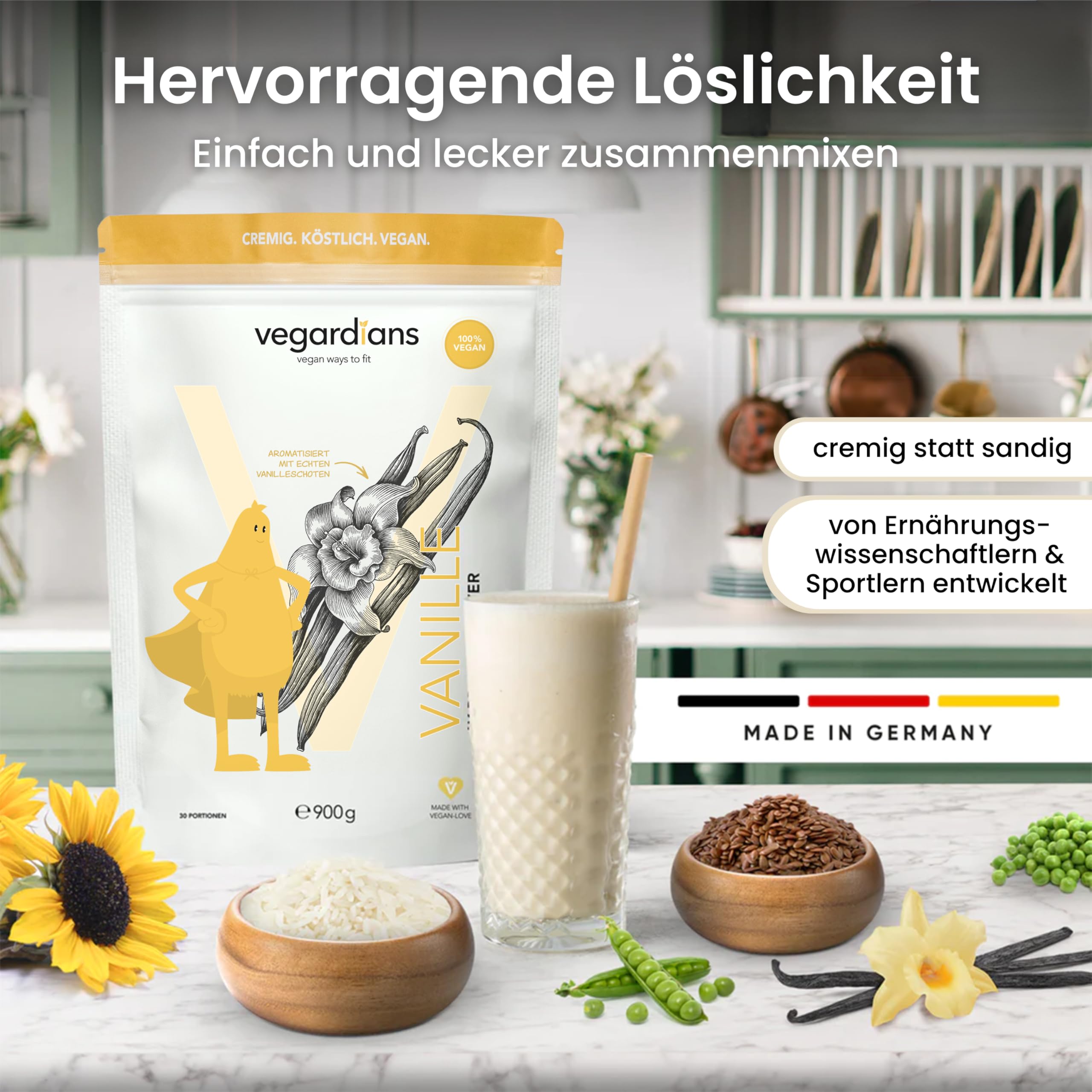 Veganes Proteinpulver Vanille 900g – Pflanzliches Eiweißpulver ohne Laktose, Gluten & künstliche Aromen. Premium-Qualität mit natürlichem Vanillegeschmack