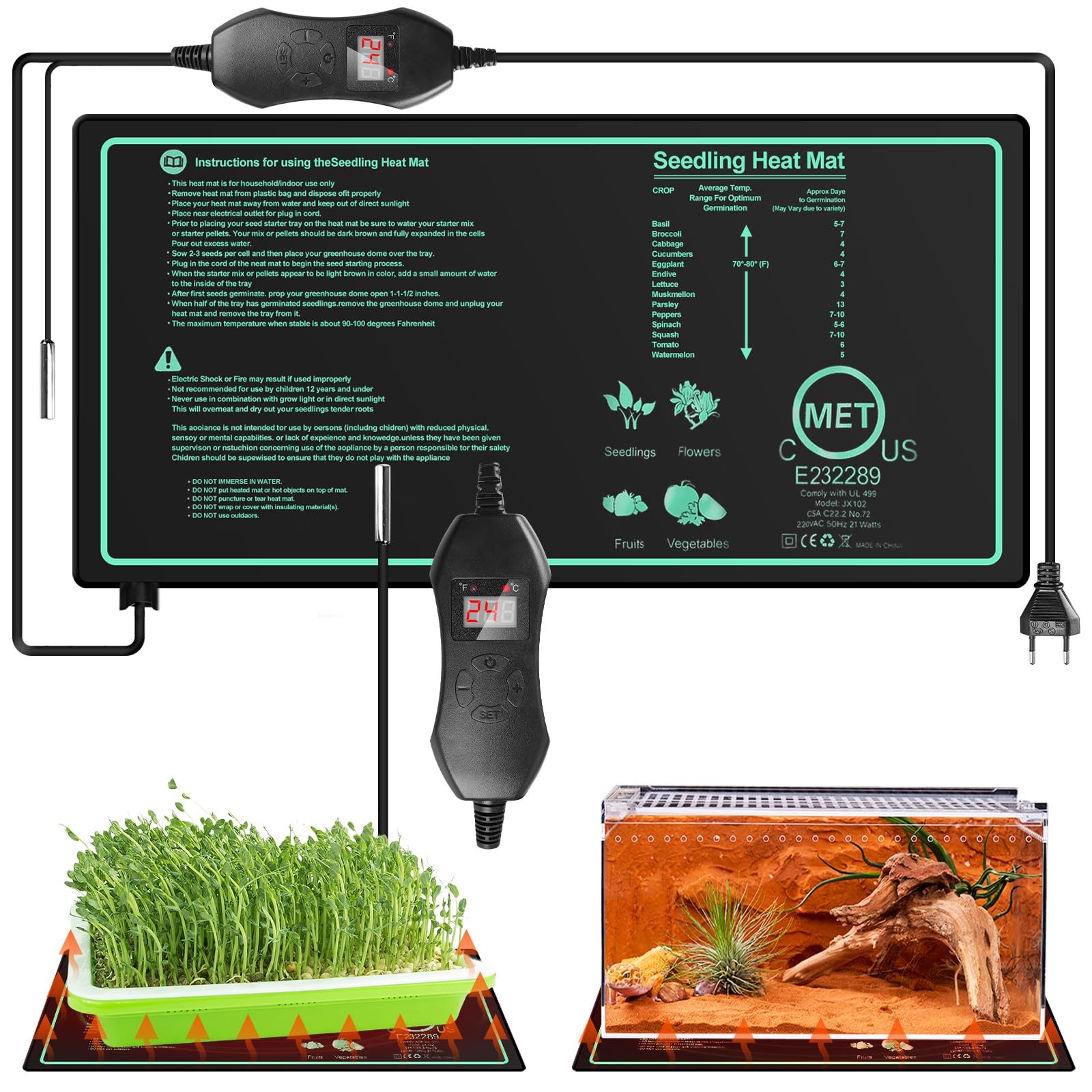 Estera calefactora para plantas con termostato: 10 x 20,75 pulgadas, estera térmica segura para plantas, 50 W, estera térmica duradera para plantas, invernadero de la habitación, estera térmica para