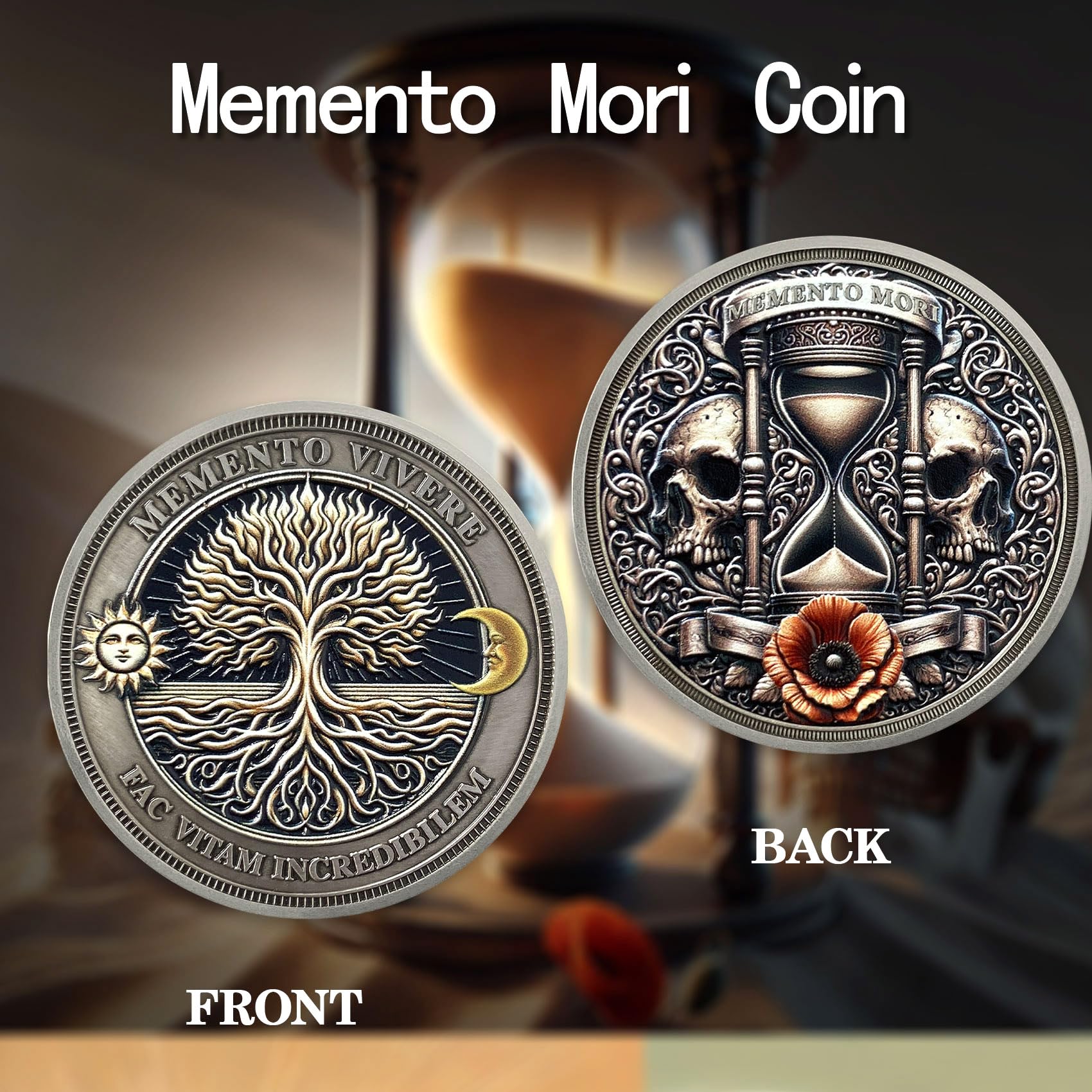 ACGZQY Memento Mori Coin, Skull Tree of Life Memento Vivere Coin Stoic EDC Challenge Coin for Daily Practice - Image 2
