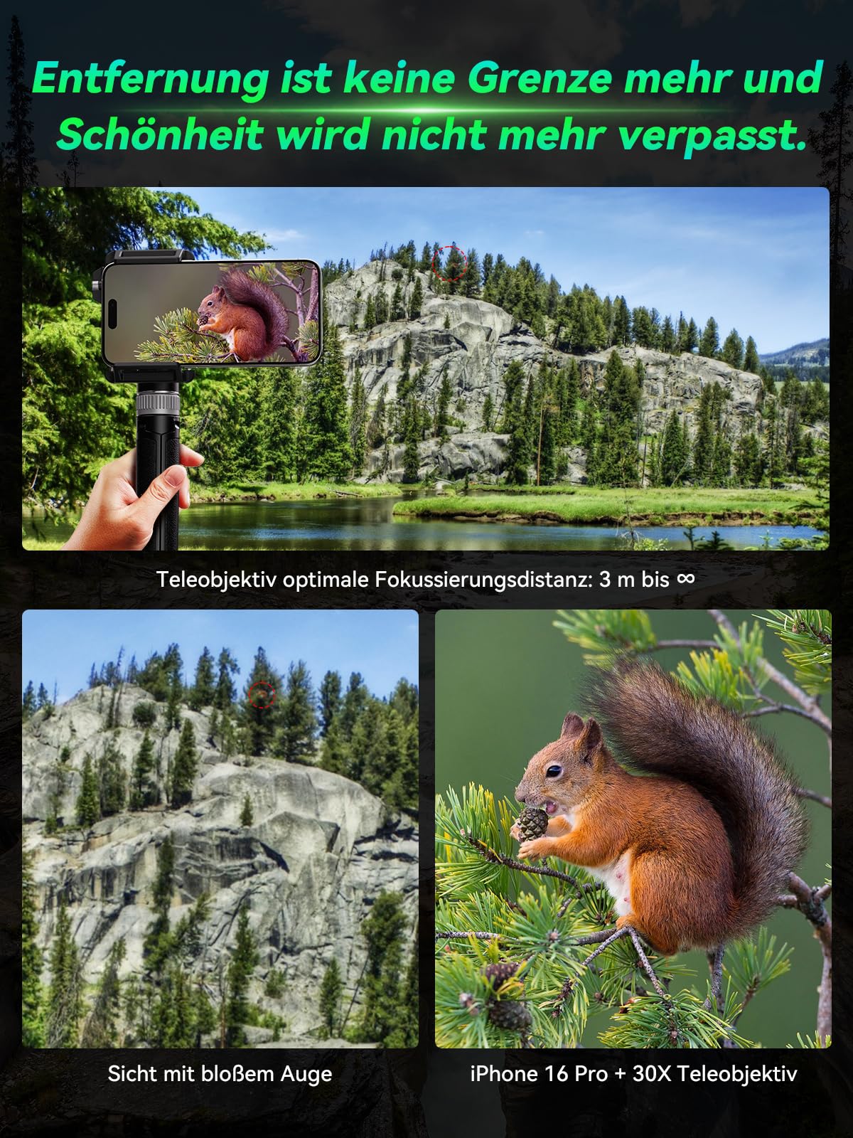 APEXEL 30X Super Teleobjektiv, 720mm Brennweite Teleobjektiv für Smartphone, Professionelles & Künstlerisches Erfassen für Wildtiere, Sport, Konzerte