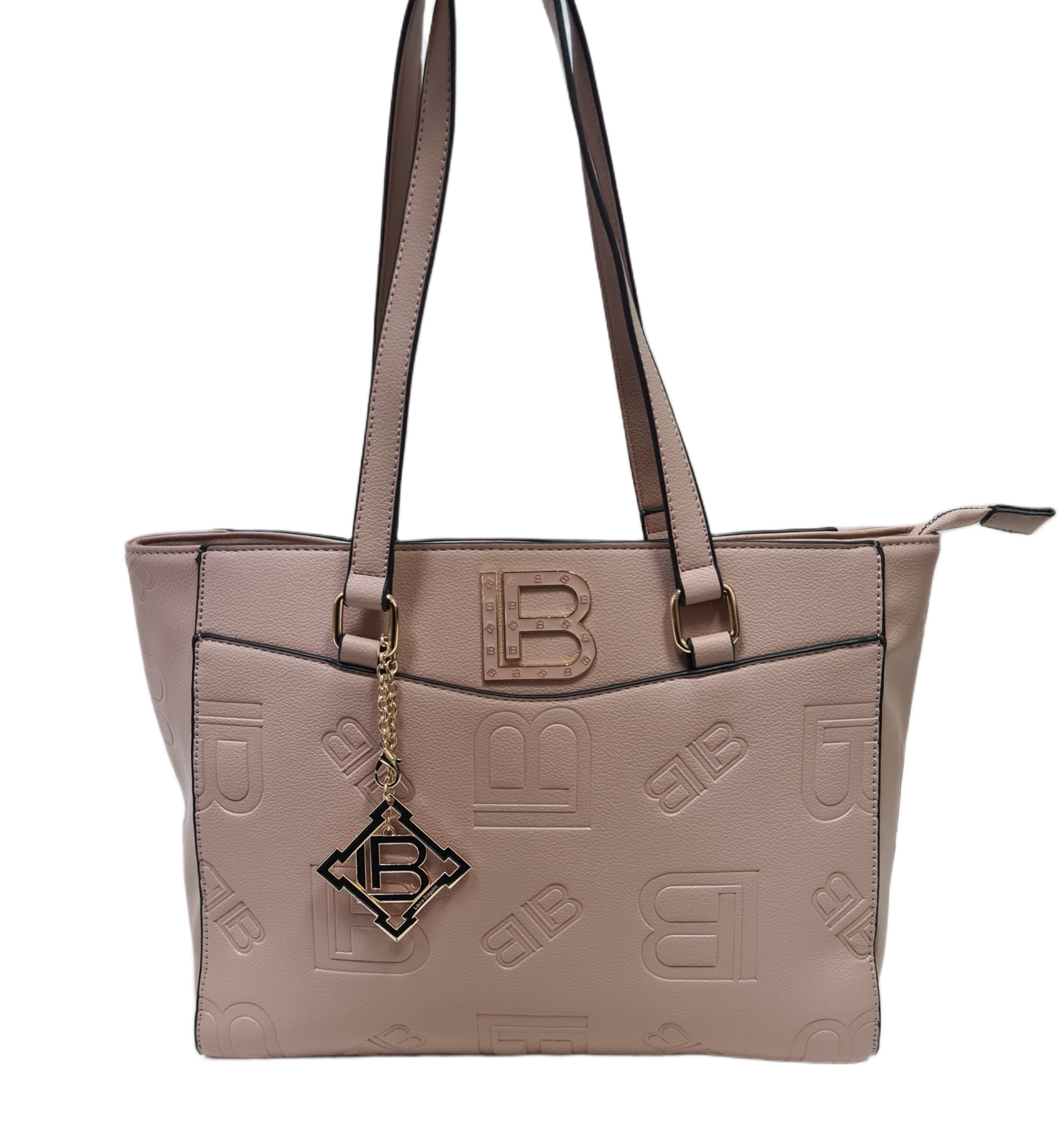 Laura Biagiotti Borsa Donna Tote in Ecopelle, Linea Lajolla, Stampa LB, Accessorio Metallico Oro, Tasche Interne, Chiusura a Zip, Dimensioni 33x26x12 cm Art. LB25W-121-1