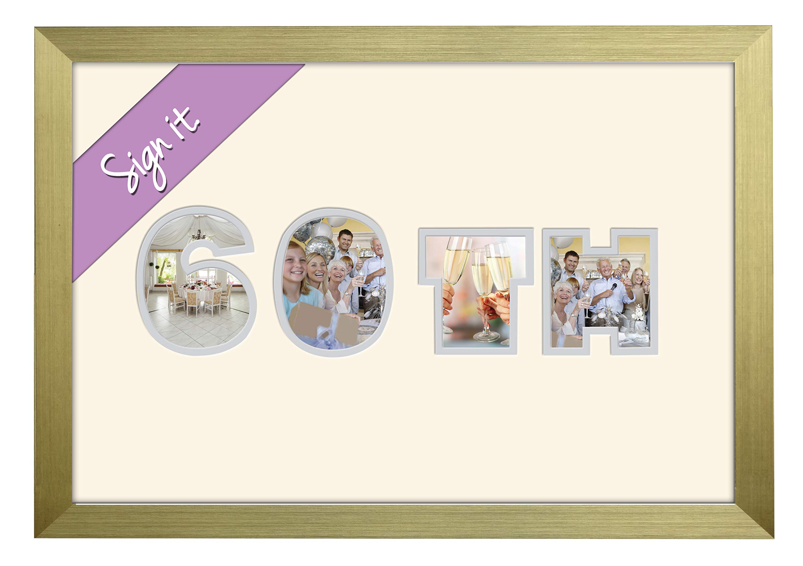 Photos in a Word 60th Birthday Diamond Wedding Anniversary Personalised Guest Book Signing Signature Autograph Photo Frame to Sign Gift Present (Gold Finish Frame)