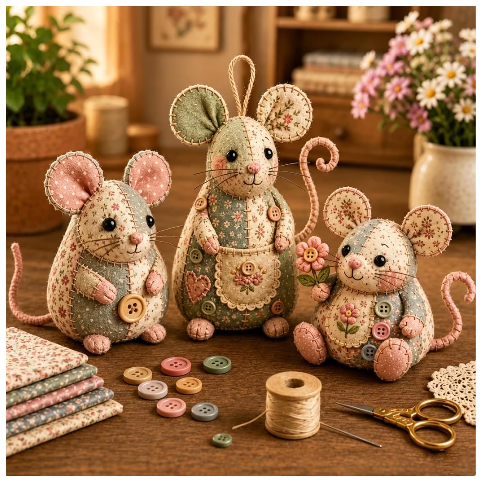 Patchwork Mouse DIY Kit, Realistic Handmade Sewing Craft Set with Floral Fabric, Stuffing, Buttons, Cute Mouse Ornament DIY Kit for Women Mom Adults, Beginners DIY Lover (1 Set)