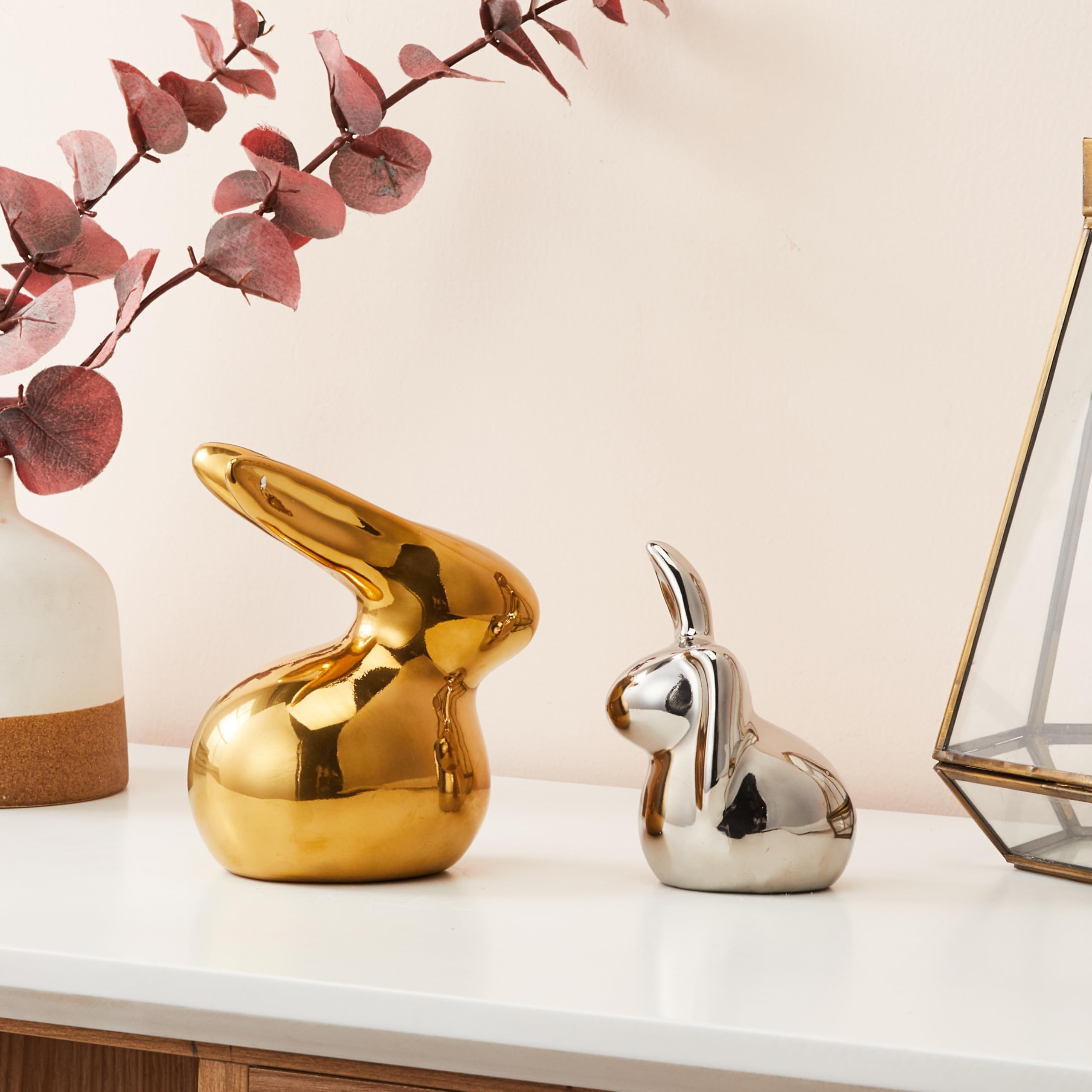 Home Décor Ceramic Cute Golden & Silver Rabbit Figurines (Set of 2, Golden and Silver)
