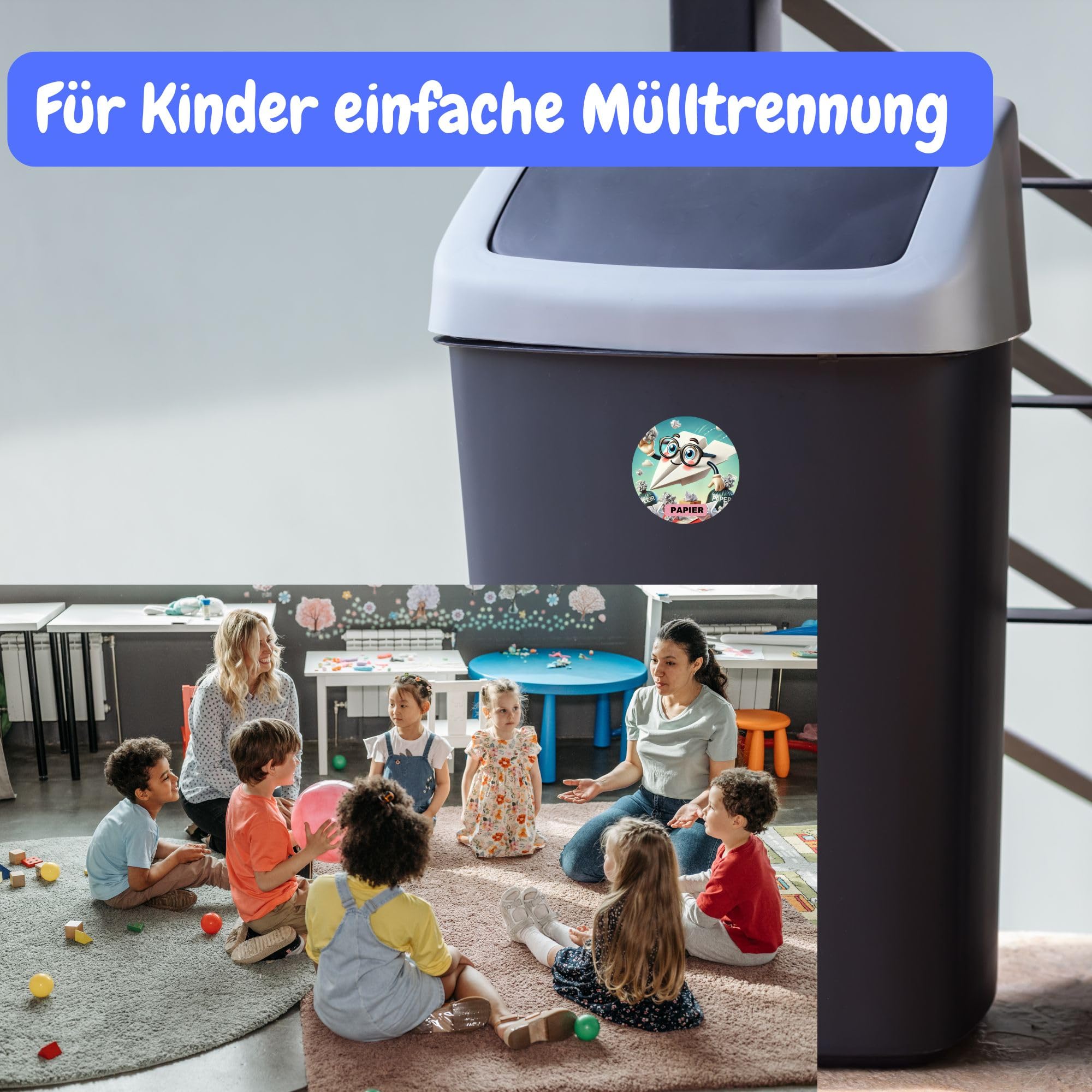 Pegatinas para separación de residuos (5 unidades, 7 cm) | Pegatinas sostenibles para cubos de basura para niños, reciclaje fácil, para interior y exterior