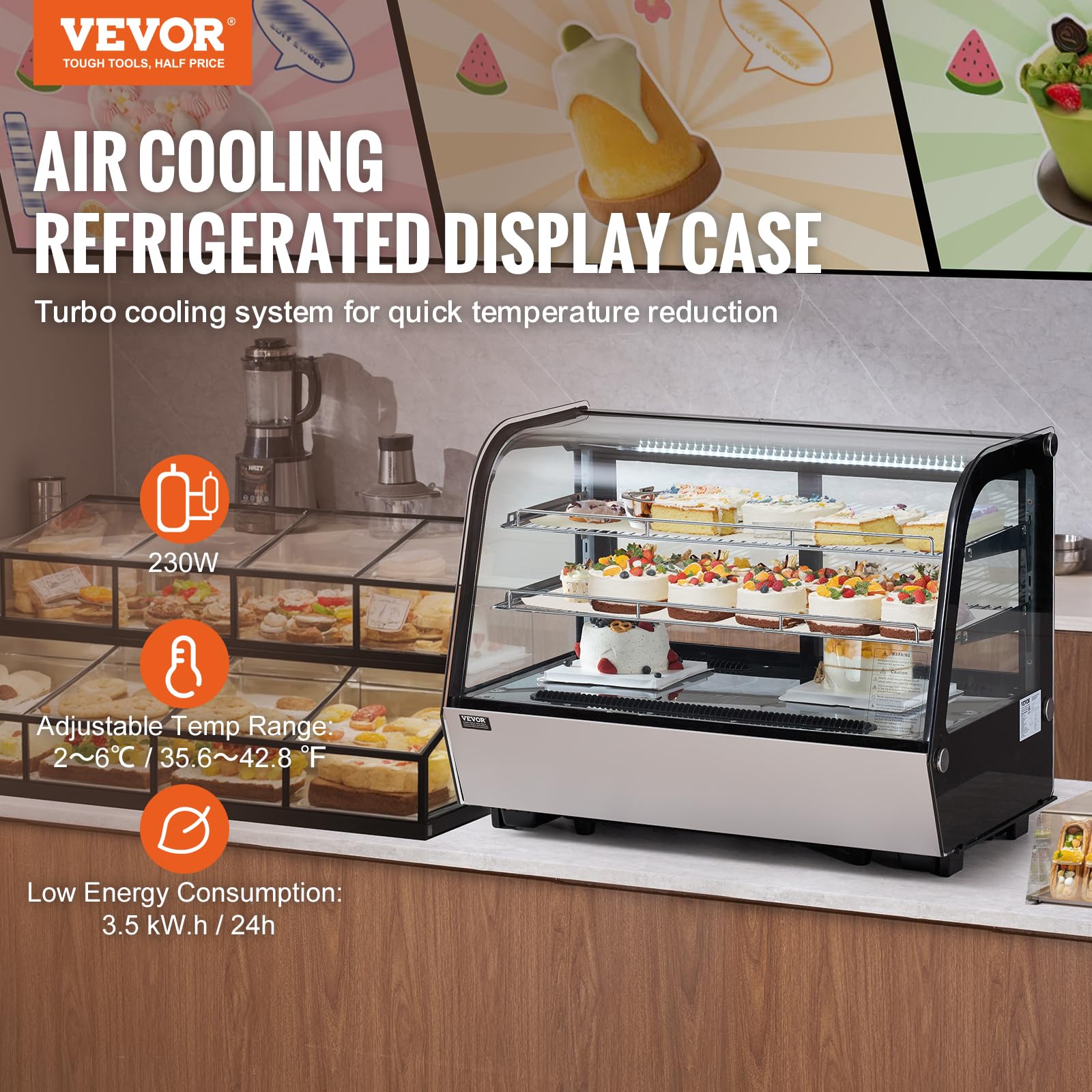 VEVOR Vetrina Refrigerata da 146 L Vetrina Espositiva per Pasticceria da Banco a 2 Livelli, Frigorifero Commerciale con Illuminazione a LED, Raffreddamento TURBO, Raffreddamento ad Aria Senza Brina