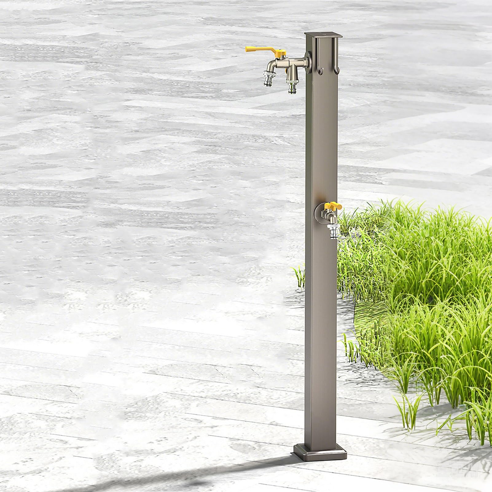 Columna de agua de acero inoxidable para exteriores con 2 grifos, manguera anticongelante, extensor de grifo, montaje en el suelo, fuente de agua decorativa, dispensador de hidrante