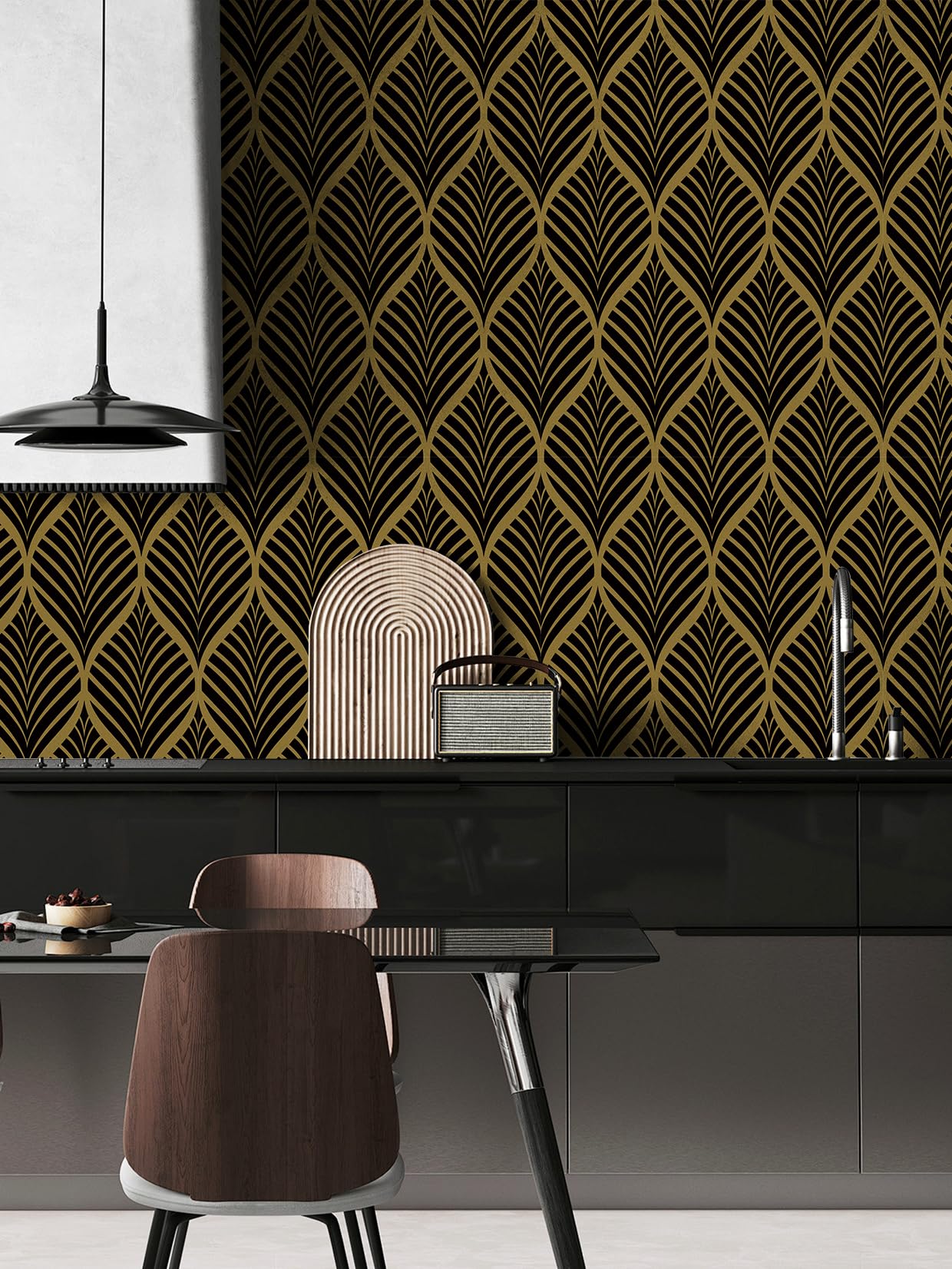 ICYEHAO Black and Gold Geometric Wallpaper, 44.5 x 1000 cm Vinyl Wallpaper Geometric Gold Striped Wall Paper Boho Self Adhesive Furniture Wrap for Living Room,Bathroom,Drawer,Cabinets,Kitchen — image 1