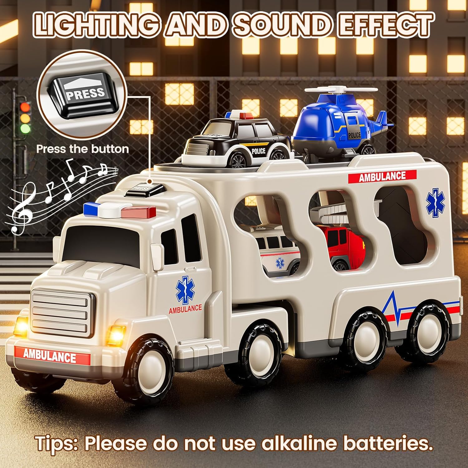 MiniExplorer 5 in 1 Ambulance Vehicle Toddler Truck Toys,Friction Powered Cars with Toy Helicopter,Police Car,Fire Truck,Ambulance Car,Birthday Gifts for Girls Age 3-9 1