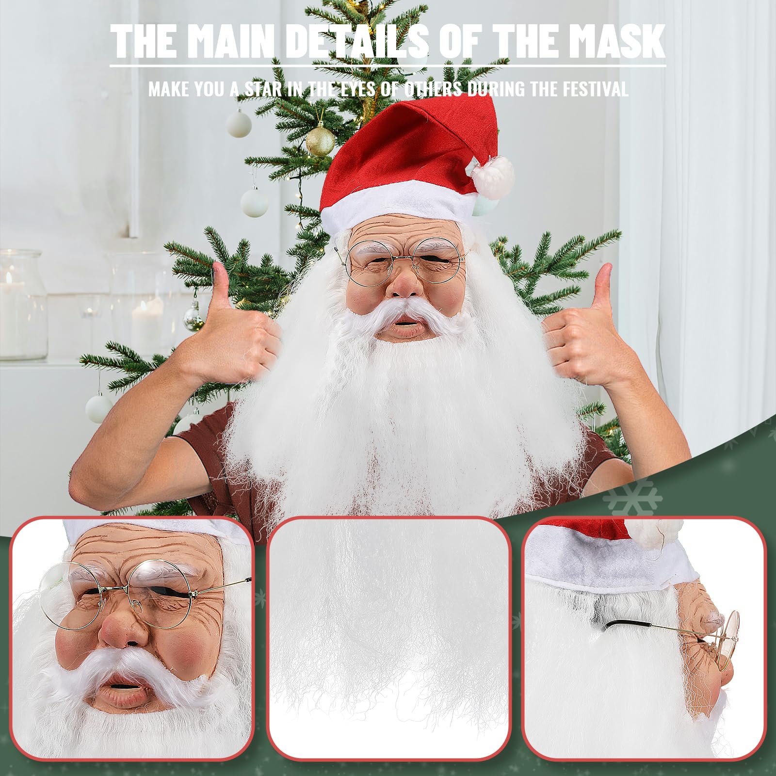 JoyFuncos Santa Claus Mask with Hat Beard Realistic Santa Face Mask Funny Old Man Costume Props for Christmas Adult Men Women Cosplay - Image 3