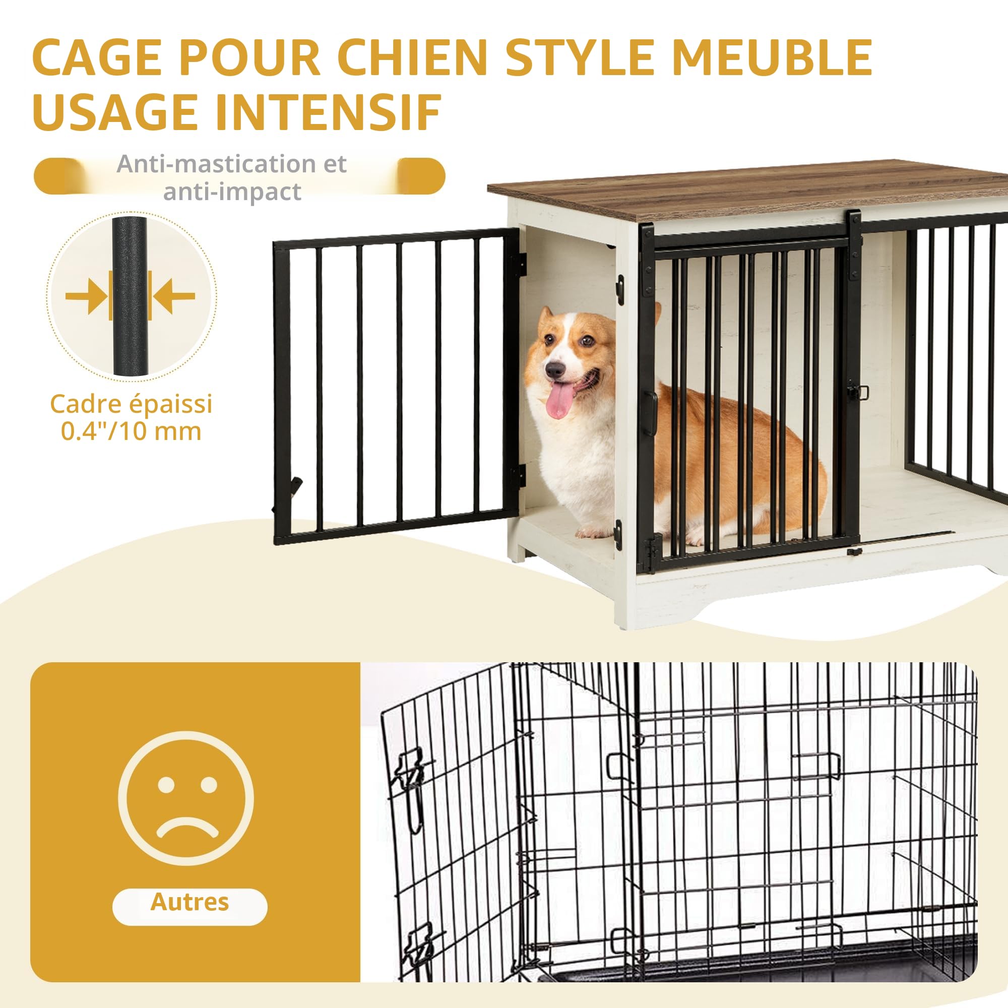 Hzuaneri Cage pour Chiens, 81 cm Cage Chien, 2 Portes, Blanc et Marron | Table d’Appoint, Niche Moderne pour Chiens, Cage pour Chiots, Maisonnette pour Animaux, 81 x 55 x 67,5 cm, DFC83614B