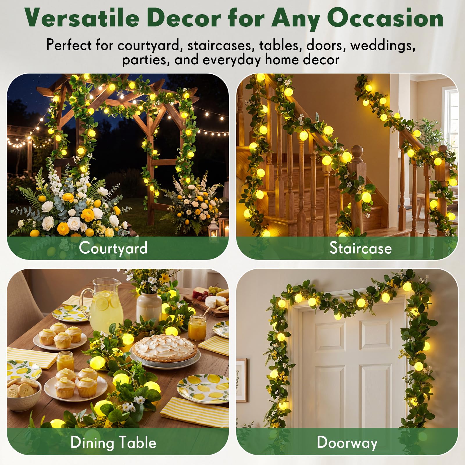 Baquler 2 Stück 3D-LED-Lichterkette, batteriebetrieben, Frühling, Sommer, künstliche Obstgirlande, Glühbirnen mit Zweigen, Blättern, Lichterketten für Hochzeit, Party, Tischdekoration, Zitronenblüte