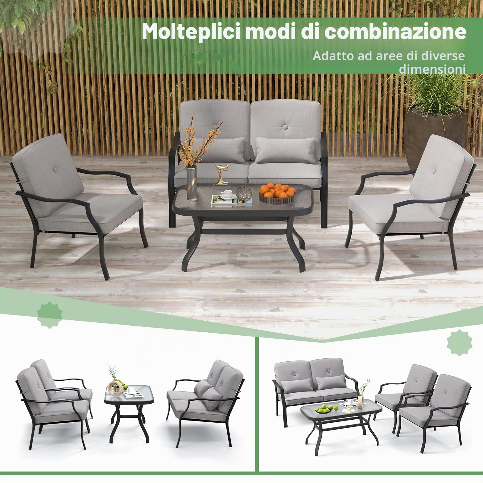 GIANTEX Set di 4 mobili da giardino con tavolino da salotto e panca da giardino e 2 sedie da pranzo, set da 4 persone, set da giardino con cuscino, mobili da giardino