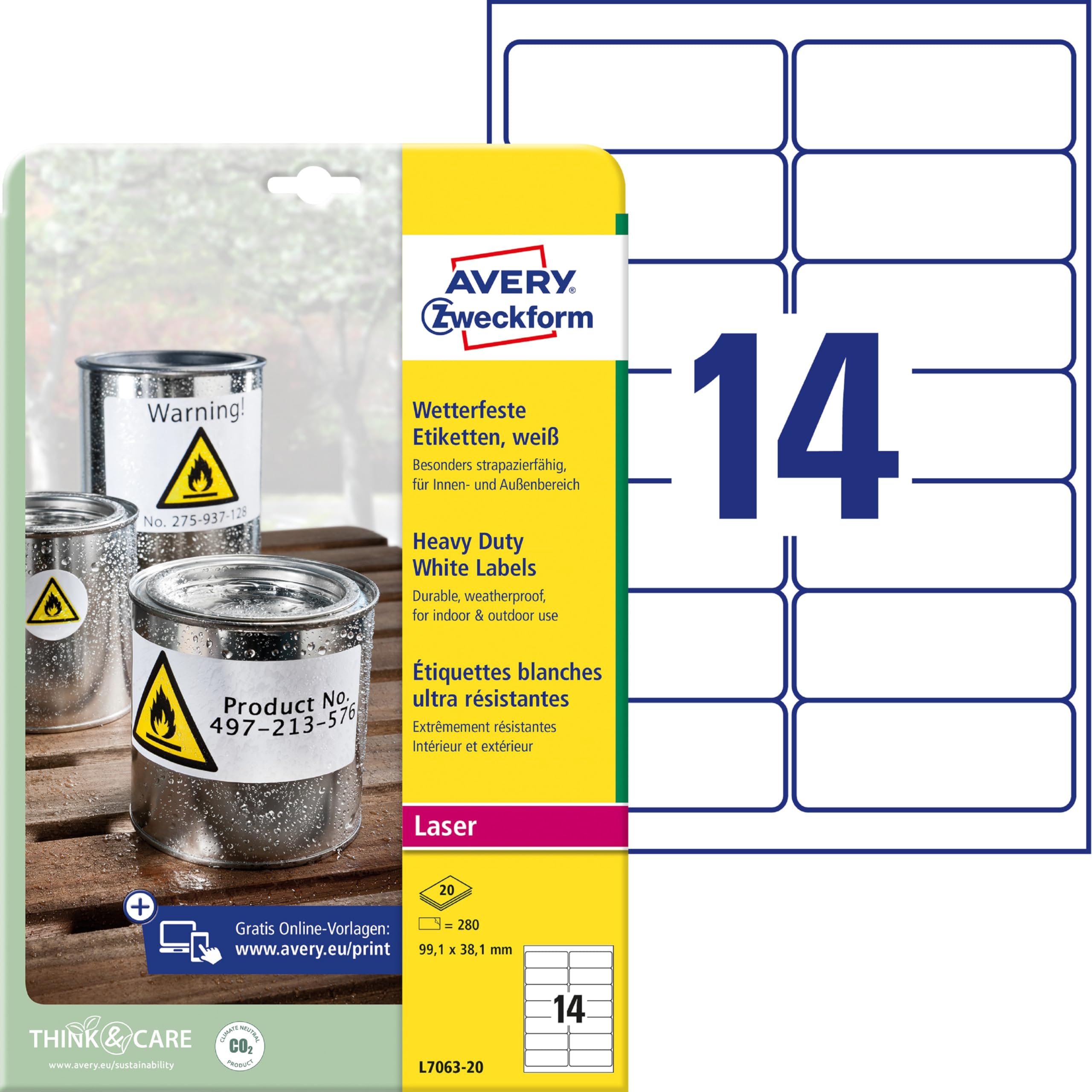 AVERY Zweckform L7063-20 Wetterfeste Folienetiketten (280 Klebeetiketten, 99,1x38,1mm auf A4, extrem stark selbstklebend, wasserfest, strapazierfähig, bedruckbare Outdoor Klebefolie) 20 Blatt, weiß