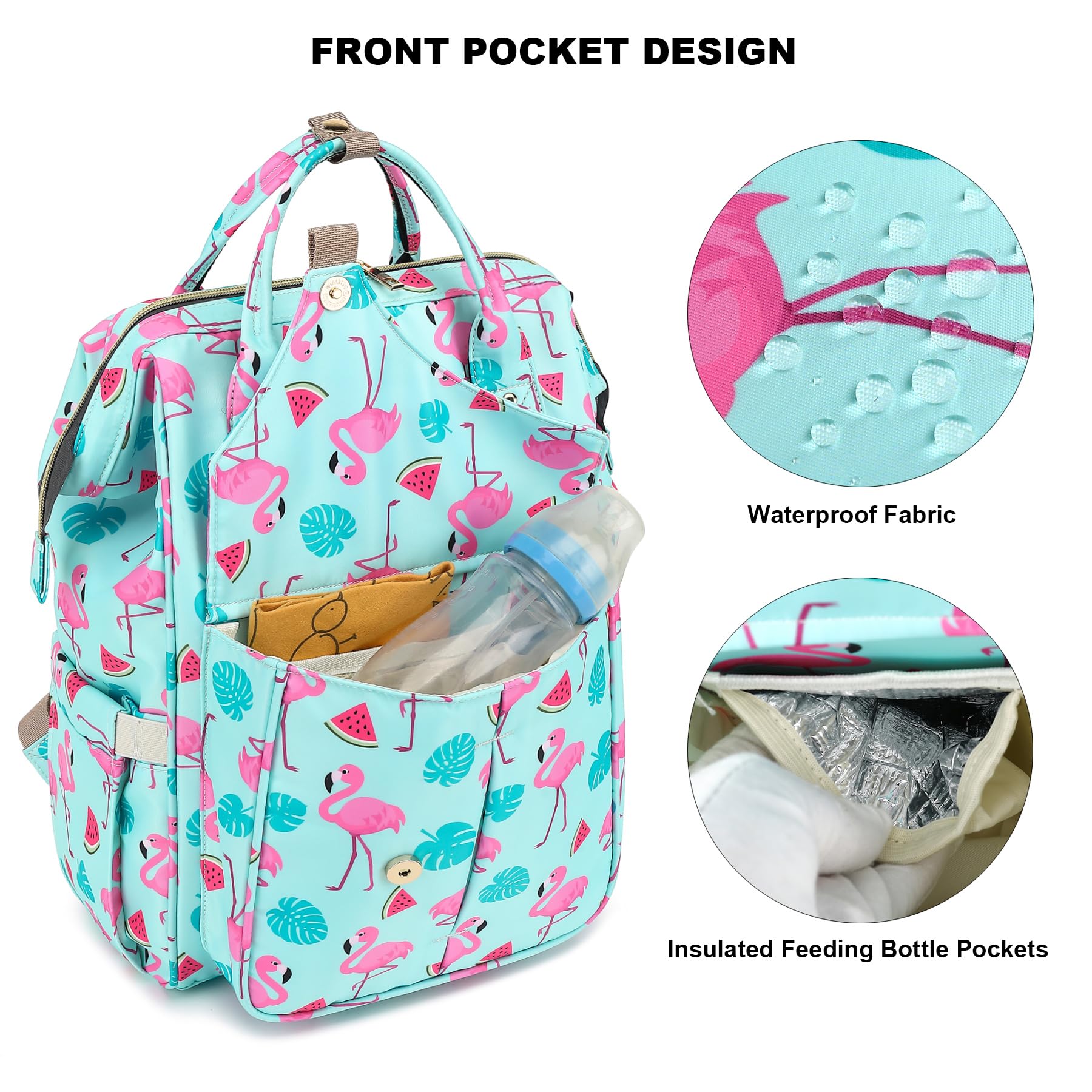 Changing Bag Backpack for Baby Girls Boys Large Capacity Multifunction Waterproof Maternity Mom Nappy Diaper Bags with Stroller Straps (Flamingo) - Image 2