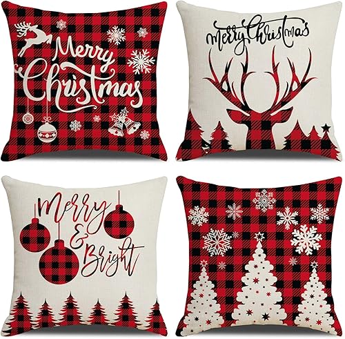 Juego de 4 fundas de almohada de Navidad de 16 x 16 pulgadas, almohadas rojas para decoración de fiestas, decoración de sofá de Navidad para