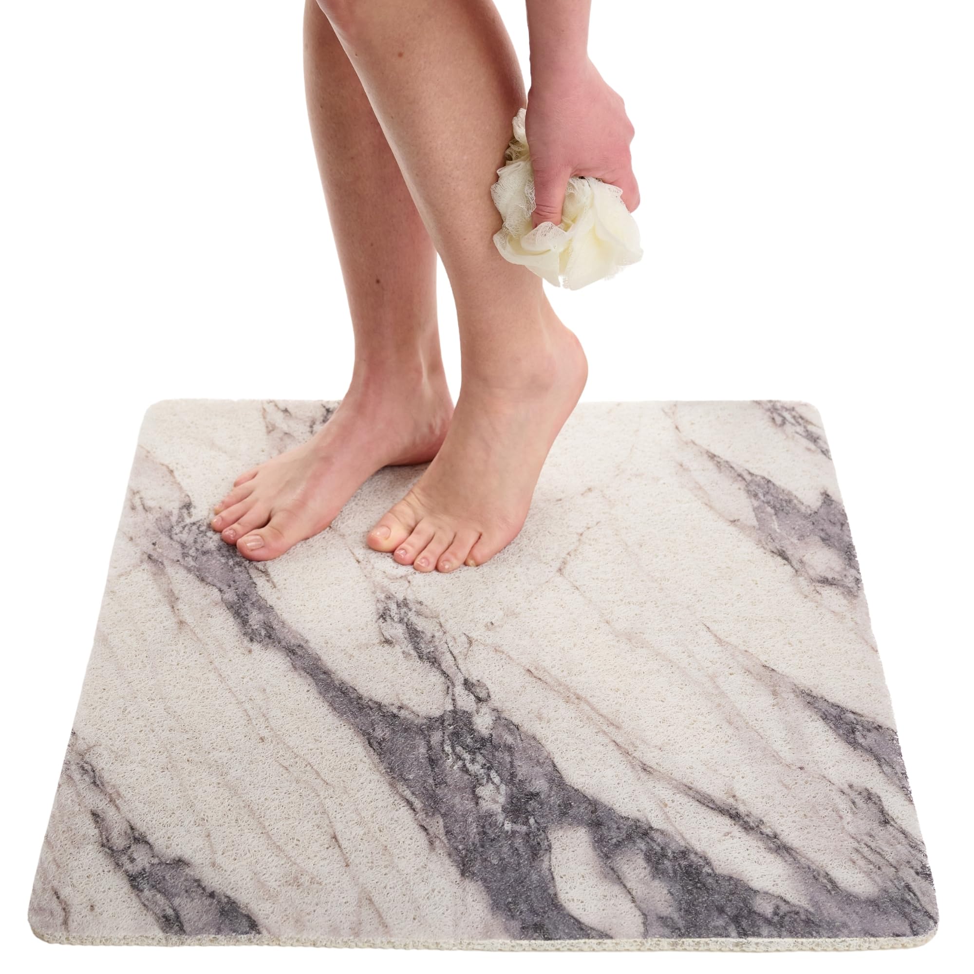 Enkosi Loofah Shower Mat Non Slip – Square Anti Slip Bath Mat for Inside Showers, Bathtub, Tub, Bathroom - Cushioned, Quick Dry PVC with Drain Holes - Secure Grip Safety Pad (Marble Grey 24x24)