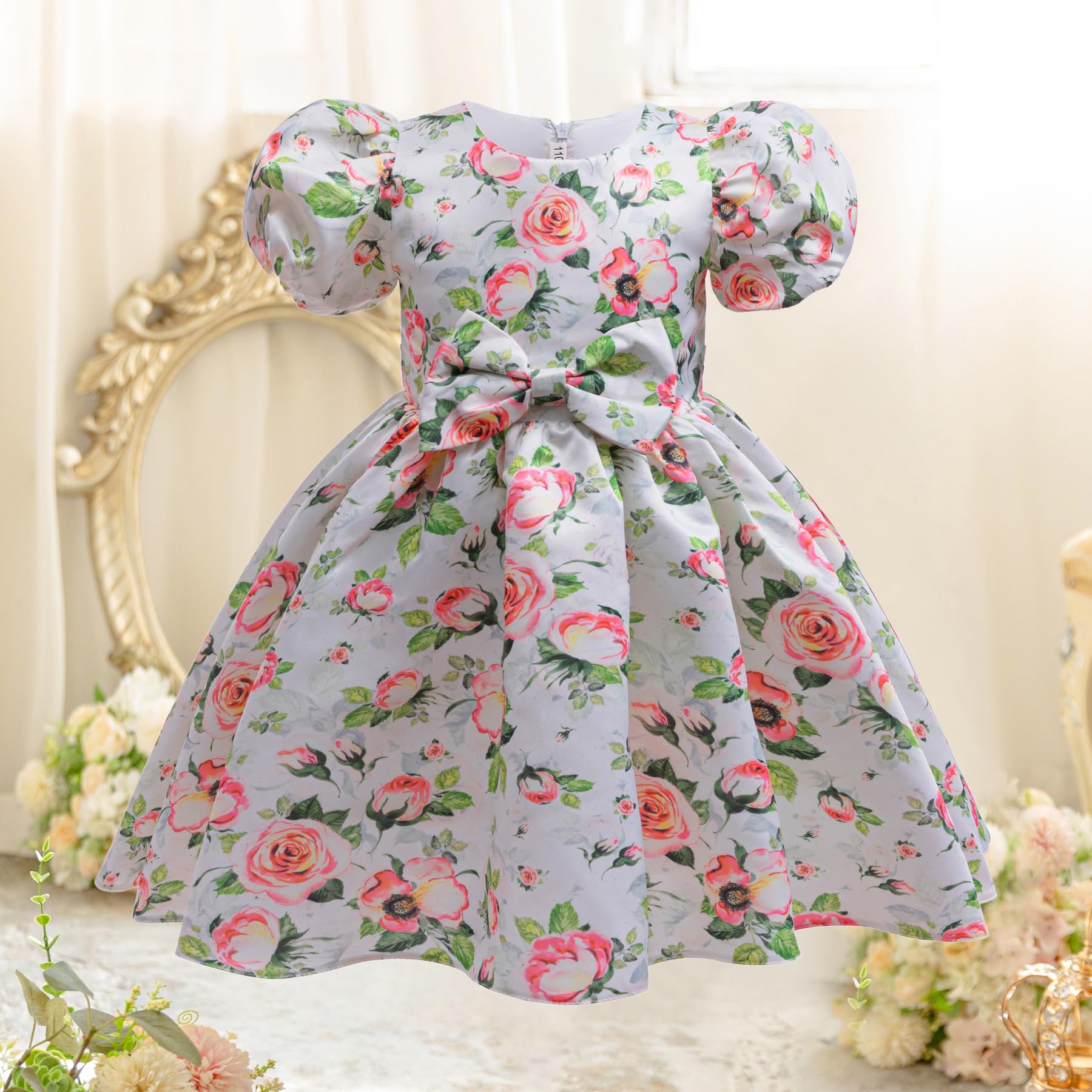 Vestidos de Niña Ropa para Niños con Estampado Floral Vestido de Princesa de Satén con Mangas abullonadas