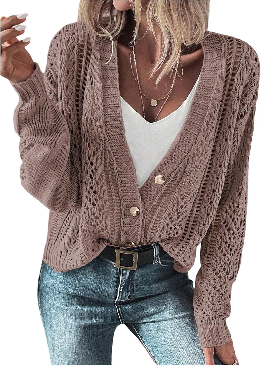 SHENHE Women's Crochet Cardigan Hollow Out Open Knit Button Down V Neck Sweater Knitwear
