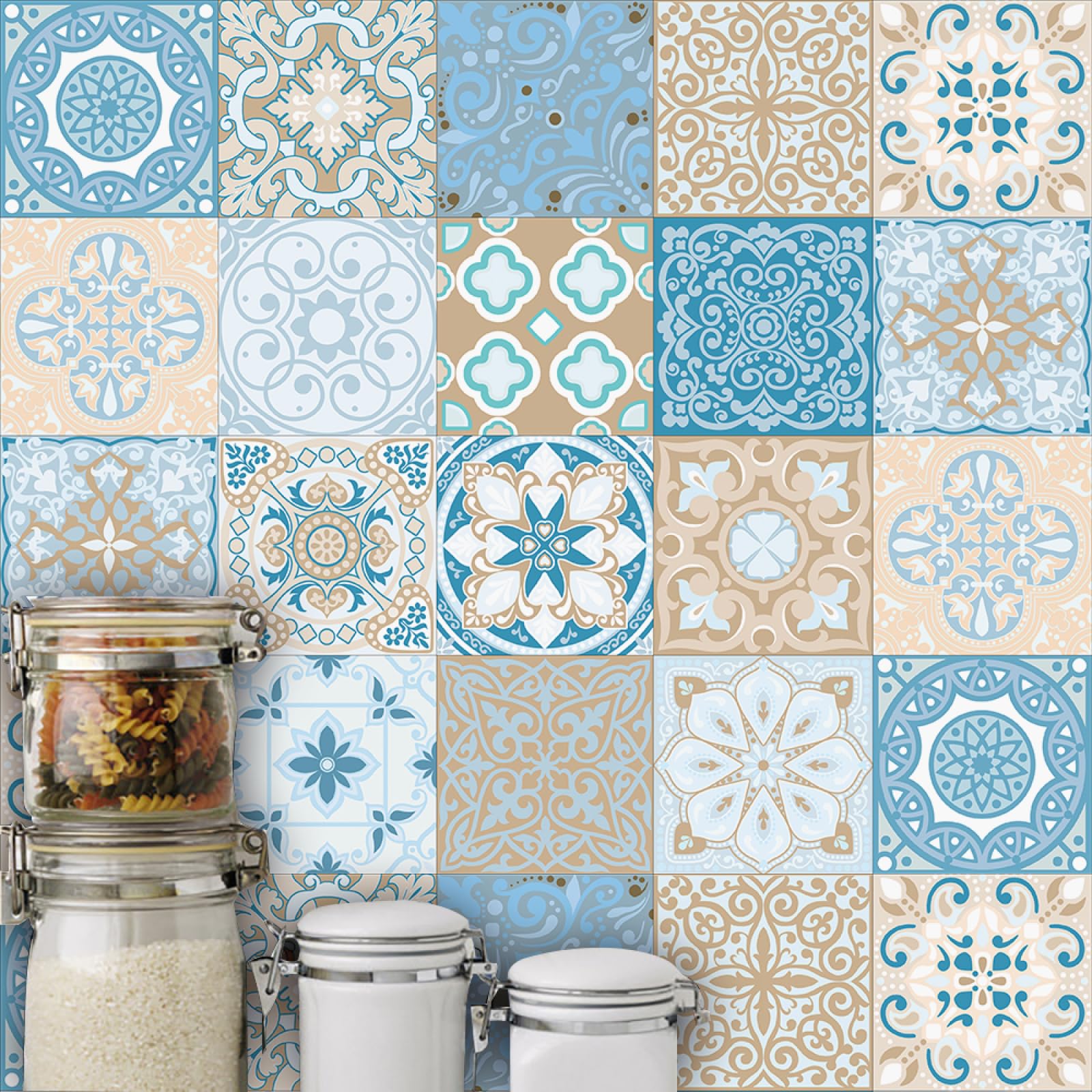 Peel and Stick Wall Tiles Blue Geometric Beige Tiles Self Adhesive PVC Home Decor Backsplash Kitchen Tile Stickers Waterproof Tile Stickers for Bathroom 20x20cm /20 Pcs