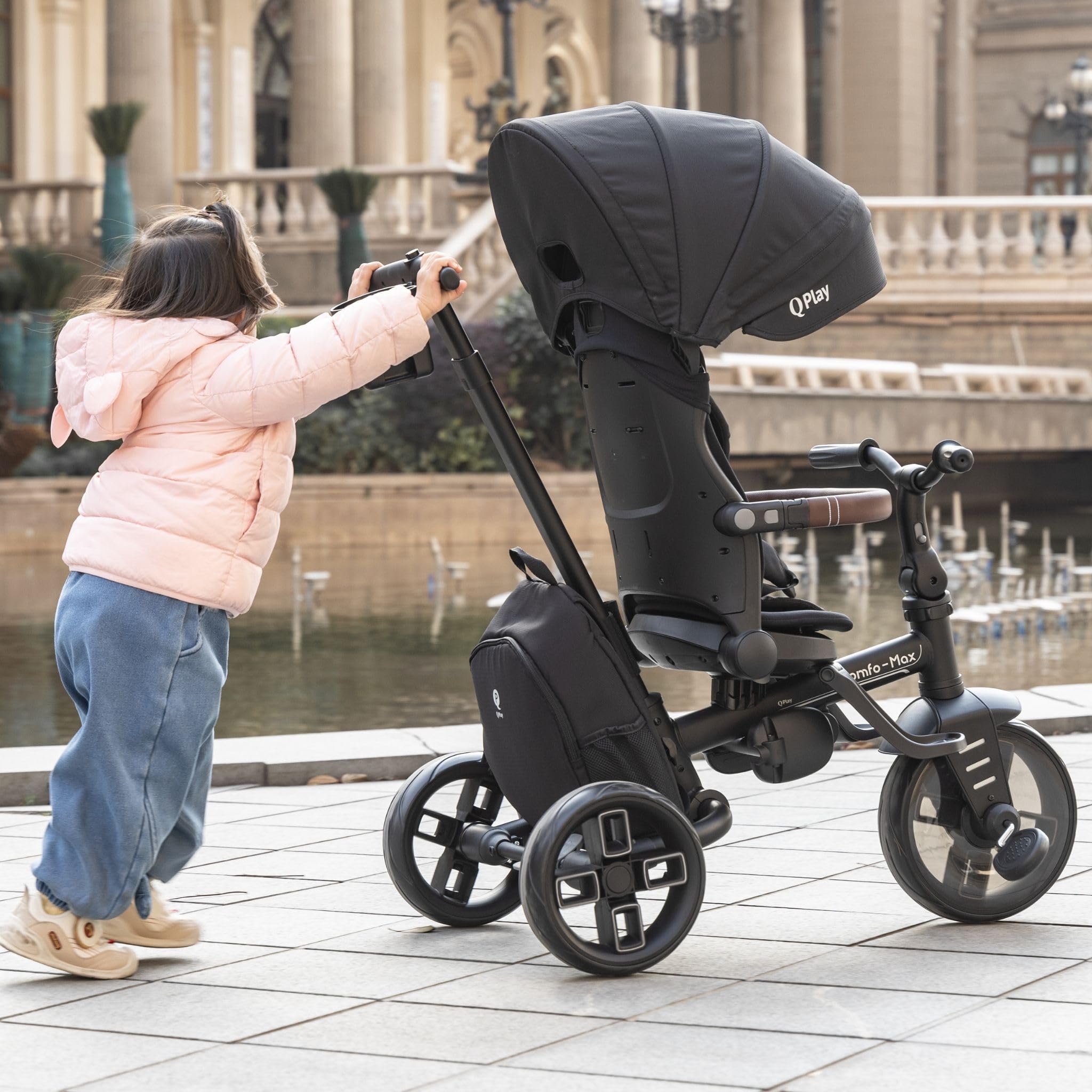 Triciclo evolutivo QPLAY Comfo Max 7 in 1 multi accessoriato, fronte strada e fronte mamma, reclinabile, adatto a bambini dai 10 ai 72 mesi, pieghevole, portata fino a 25 kg (Grigio)