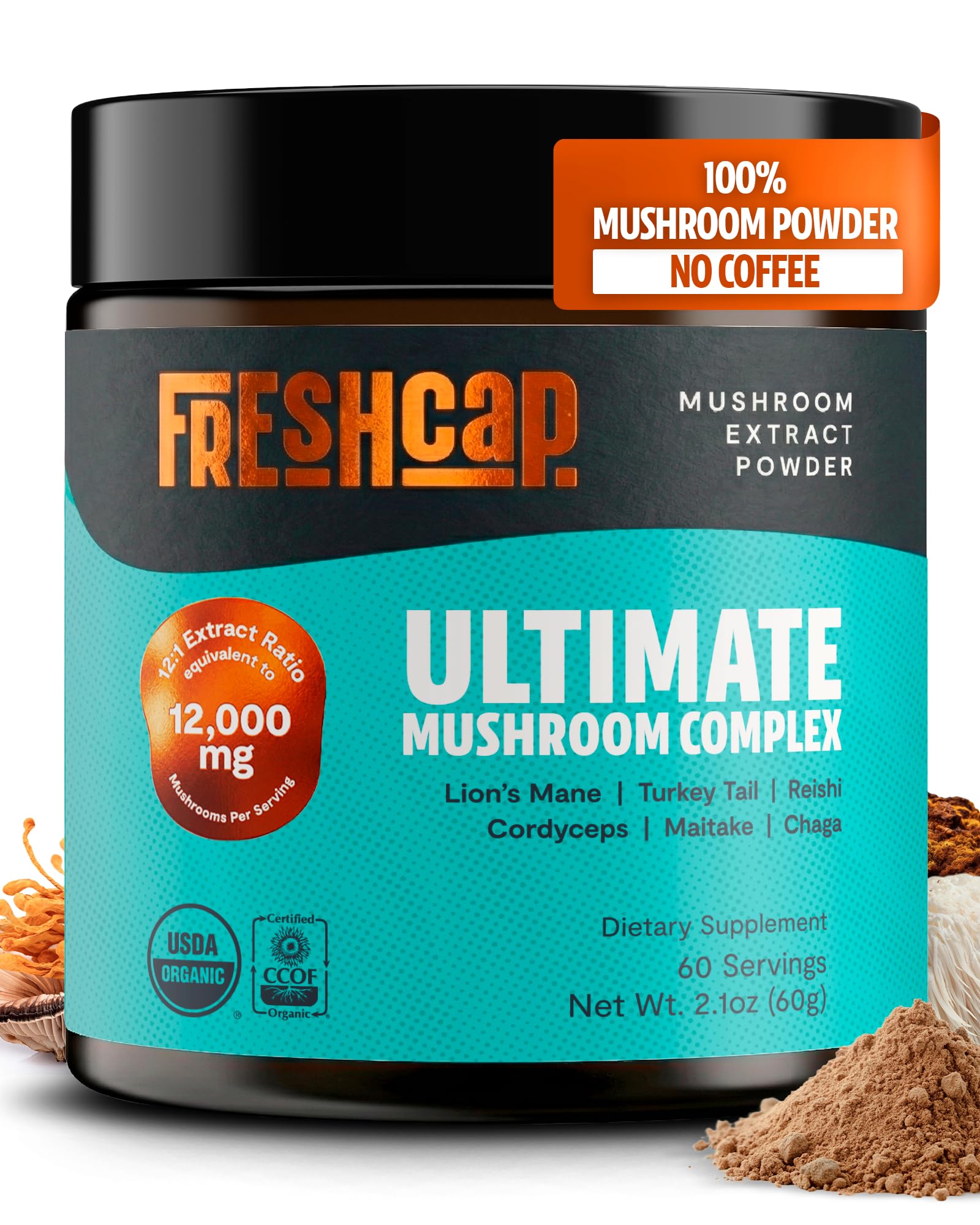FreshCap Mushrooms Powder - Ultimate Mushroom Complex, 60 Servings