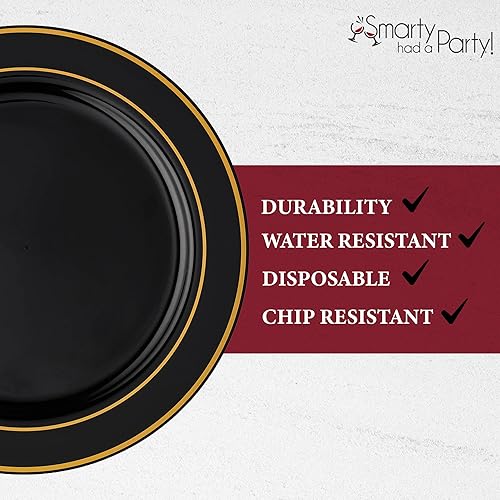 Miniatura 8 de Smarty Had A Party 120 platos de plástico desechables de alta resistencia con borde negro y dorado para bodas, fiestas y eventos, platos llanos