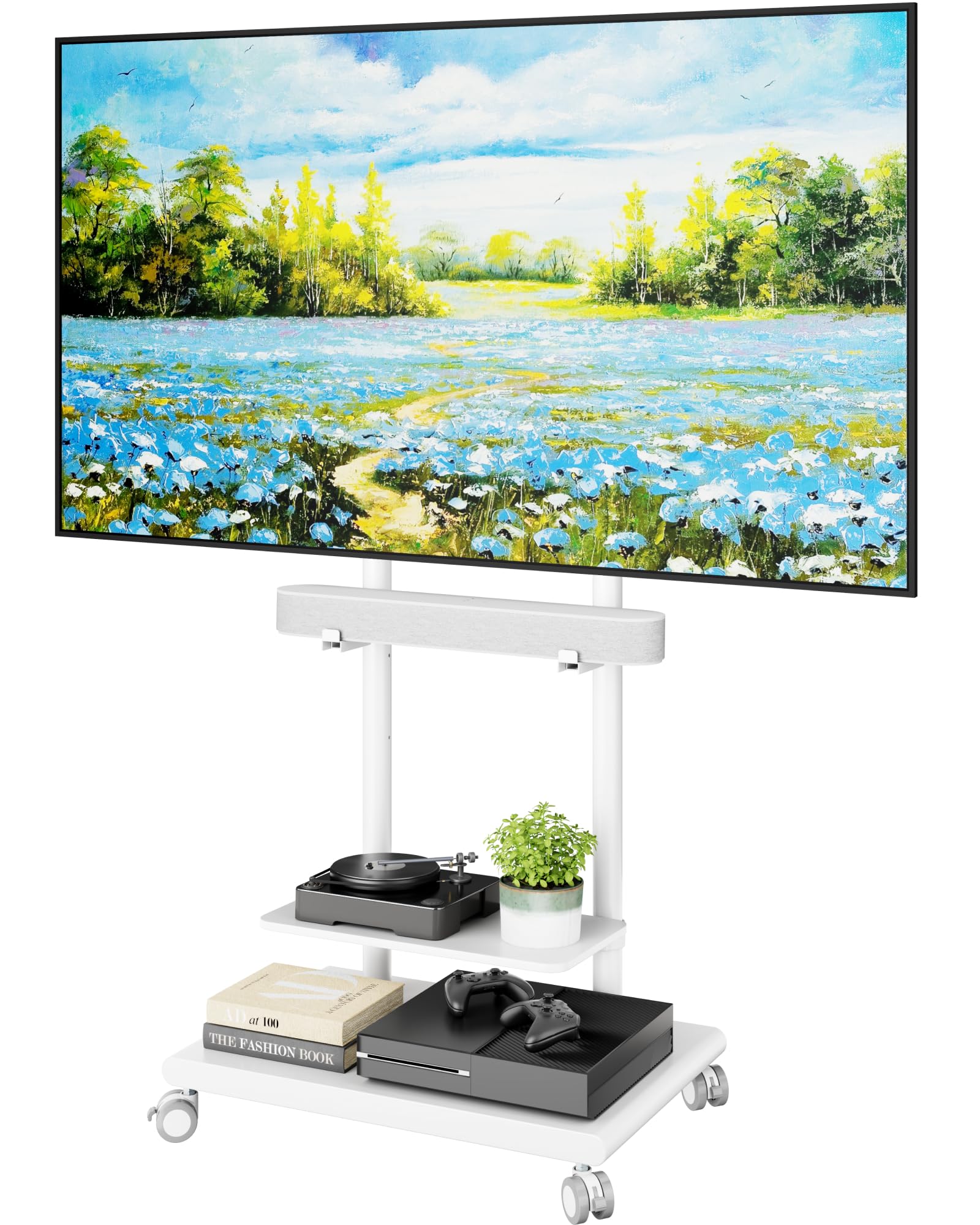 Photo 1 of ECOTINY Steel Base Rolling TV Stand with Soundbar Mount for 37-75 inch TVs up to 154lbs, Swivel&Tilt Mobile TV Stand with Large Storage, Height Adjustable Heavy-Duty TV Cart, Max VESA 600x400mm, White