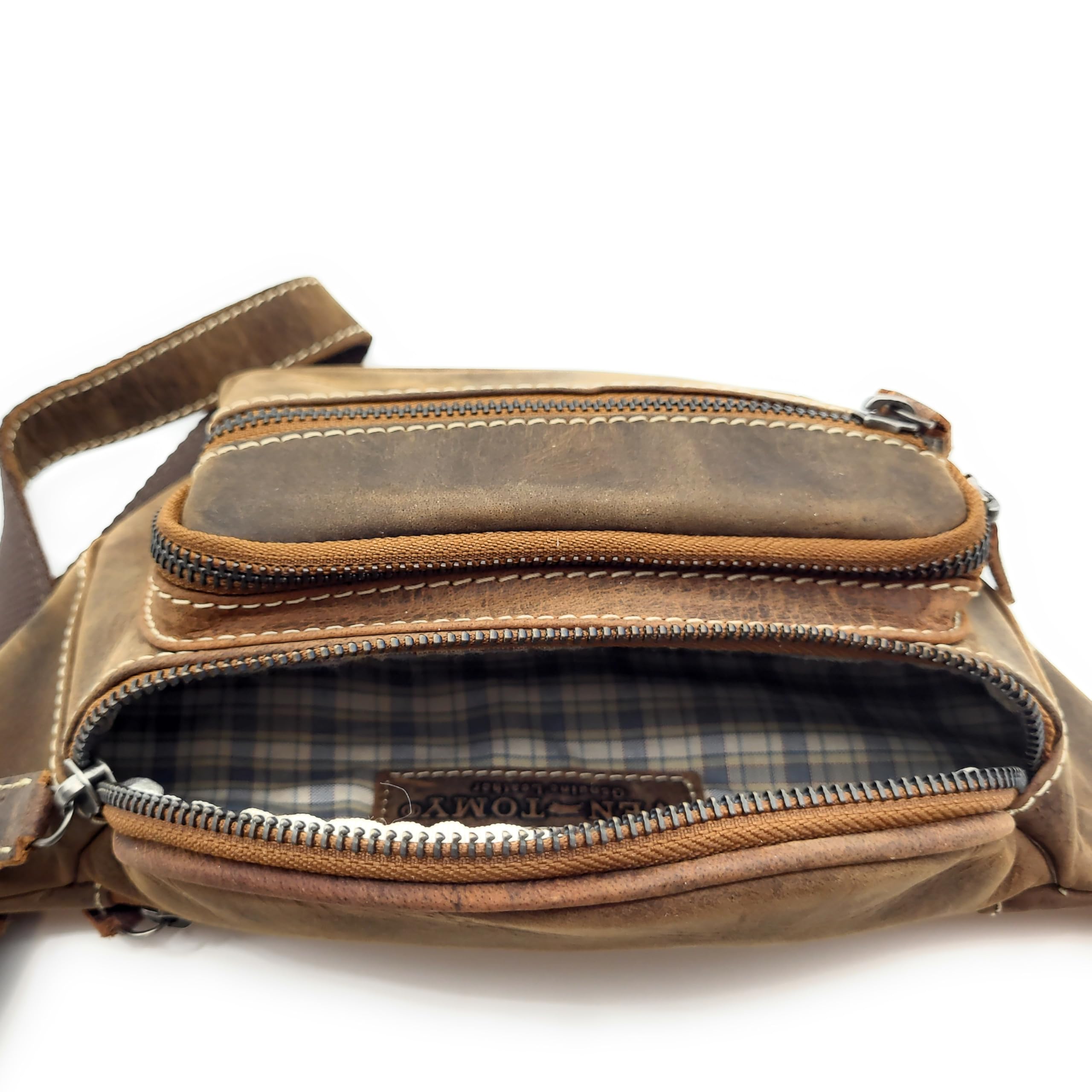 Riñonera de piel auténtica – Riñonera de piel resistente con 4 compartimentos con cremallera, cinturón de cadera ajustable hasta 125 cm, riñonera segura para hombres y mujeres, para viajes, uso diario