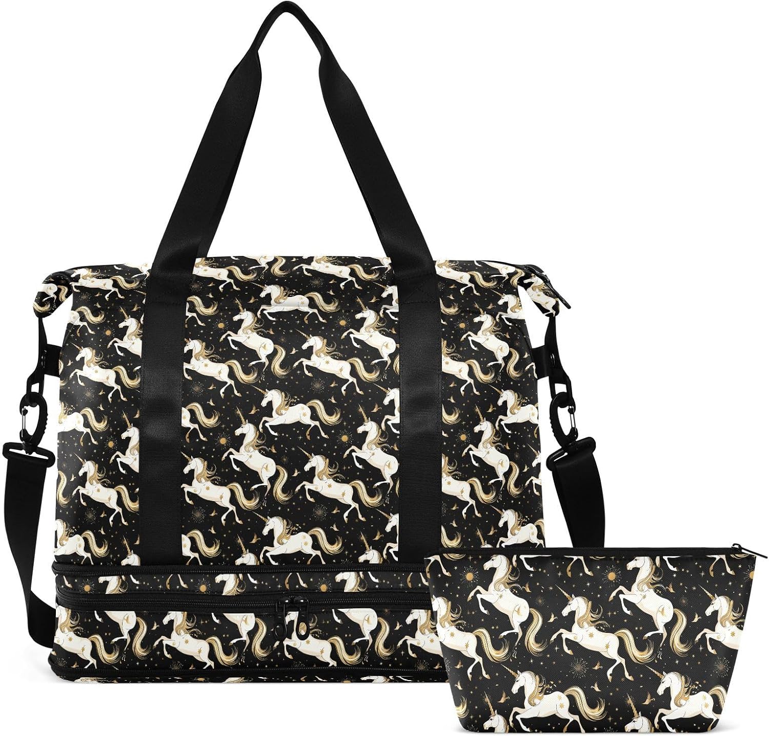 Multifunctional Tote Bag Black and White Unicorns Gold Design Gym Sports Carry with Toiletry Bag for Trip