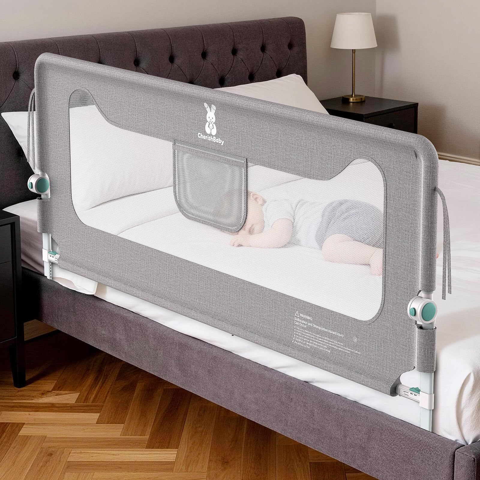 Huracan Barriera per letto Pieghevole 150 cm, protezione anticaduta per letto, protezione anticaduta regolabile in altezza in 14 posizioni, barriera stabile per lettini, letto dei genitori e lettino
