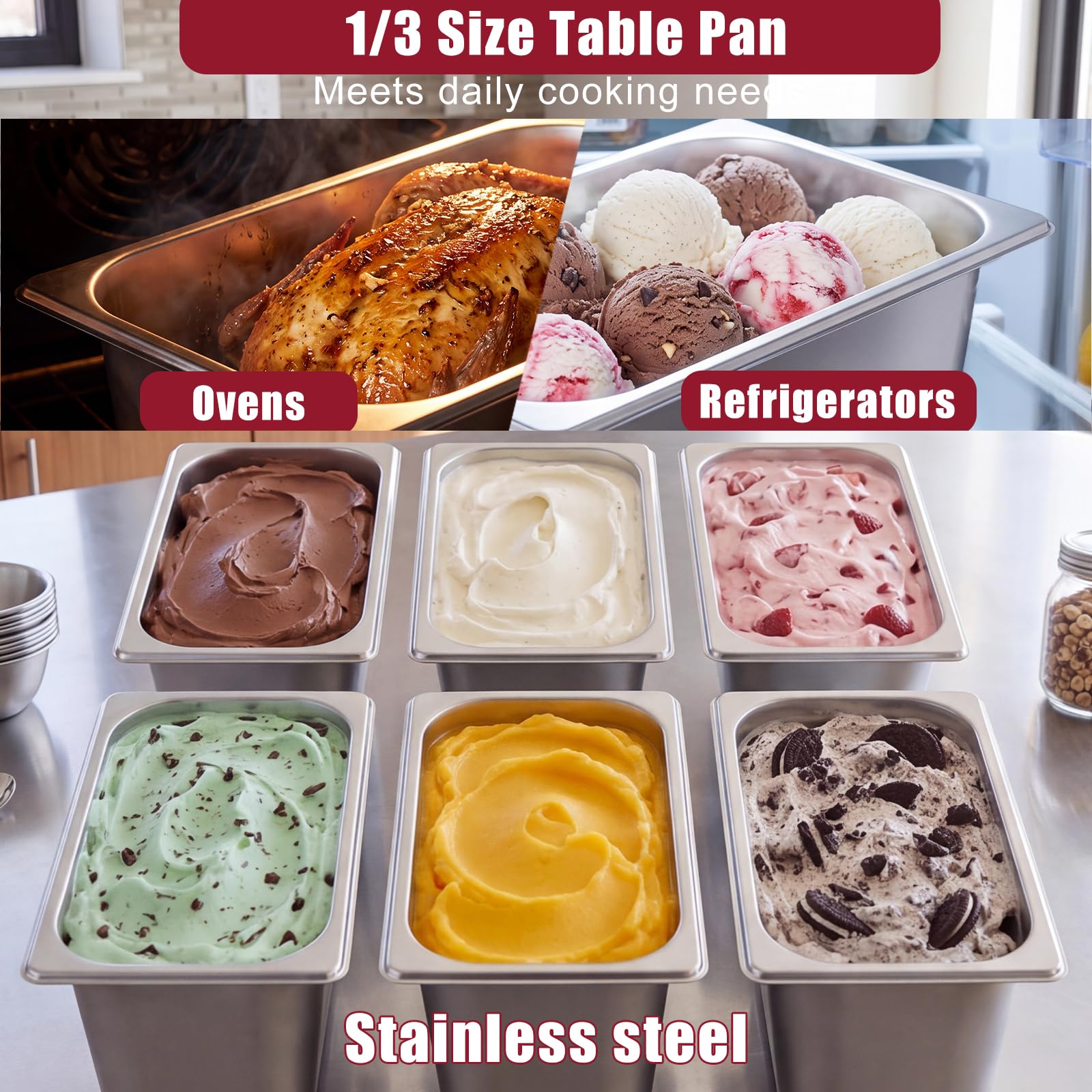 GN 1/3 - Contenitori per gastronorm in acciaio inox con coperchio, 6 pezzi, 32,5 x 17,5 x 15 cm, contenitori per alimenti, per alimenti, torte, padelle per hotel, tavolo