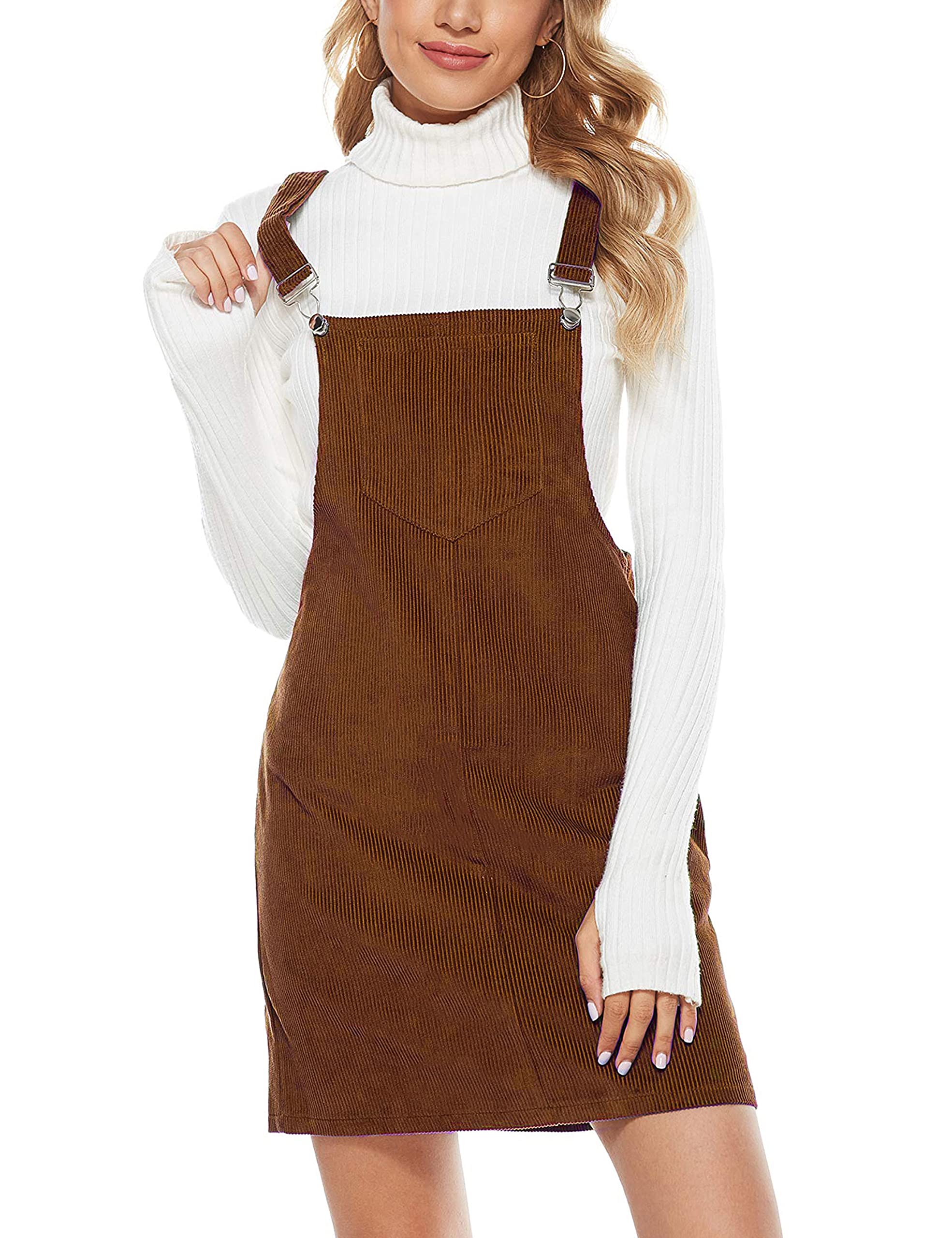 HooeverWomen's Cute Corduroy Overall Bib Dress Pinafore Suspender Dress Skirt Jumper
