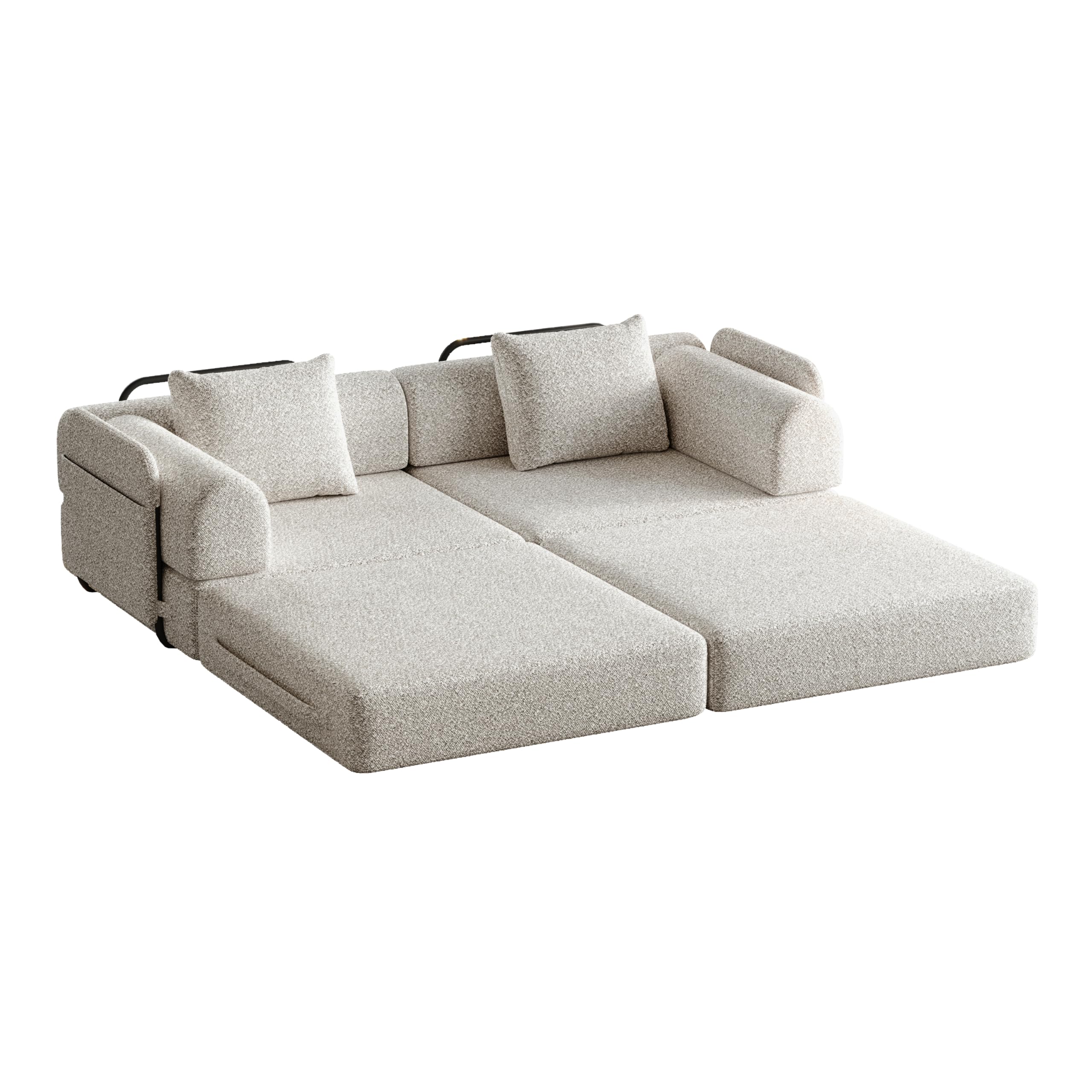 HAUSPROFI Divano letto, divano pieghevole 2 in 1 con cuscini, divano letto modulare senza ossa con struttura in metallo, vano in ciniglia sui braccioli, non richiede montaggio (beige, 183,8 x 181,6 x