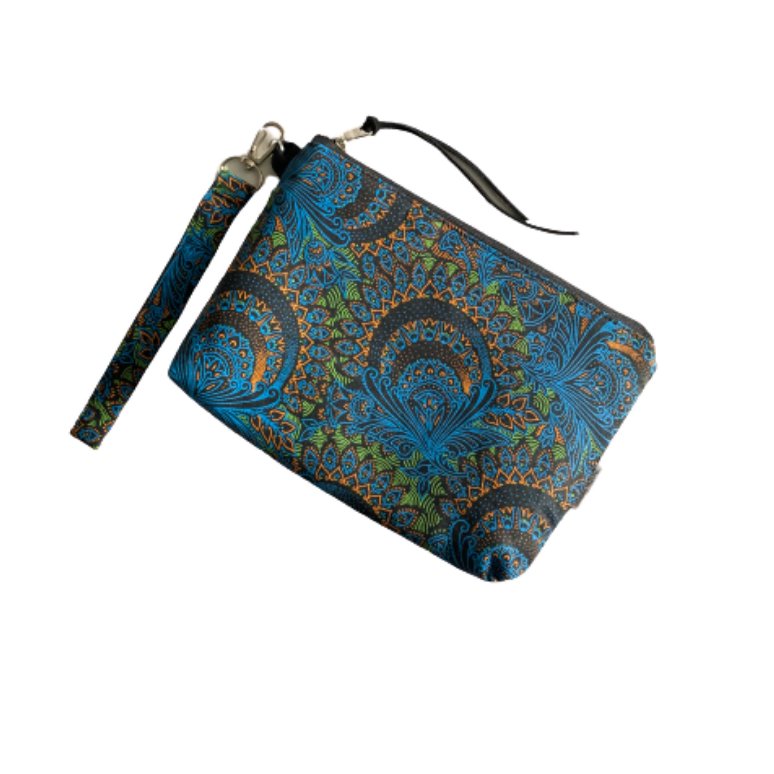 Shweshwe Wristlets for Women, Wristlet Purses for Women, African Print Zipper Purse, Peacock Clutch Purse