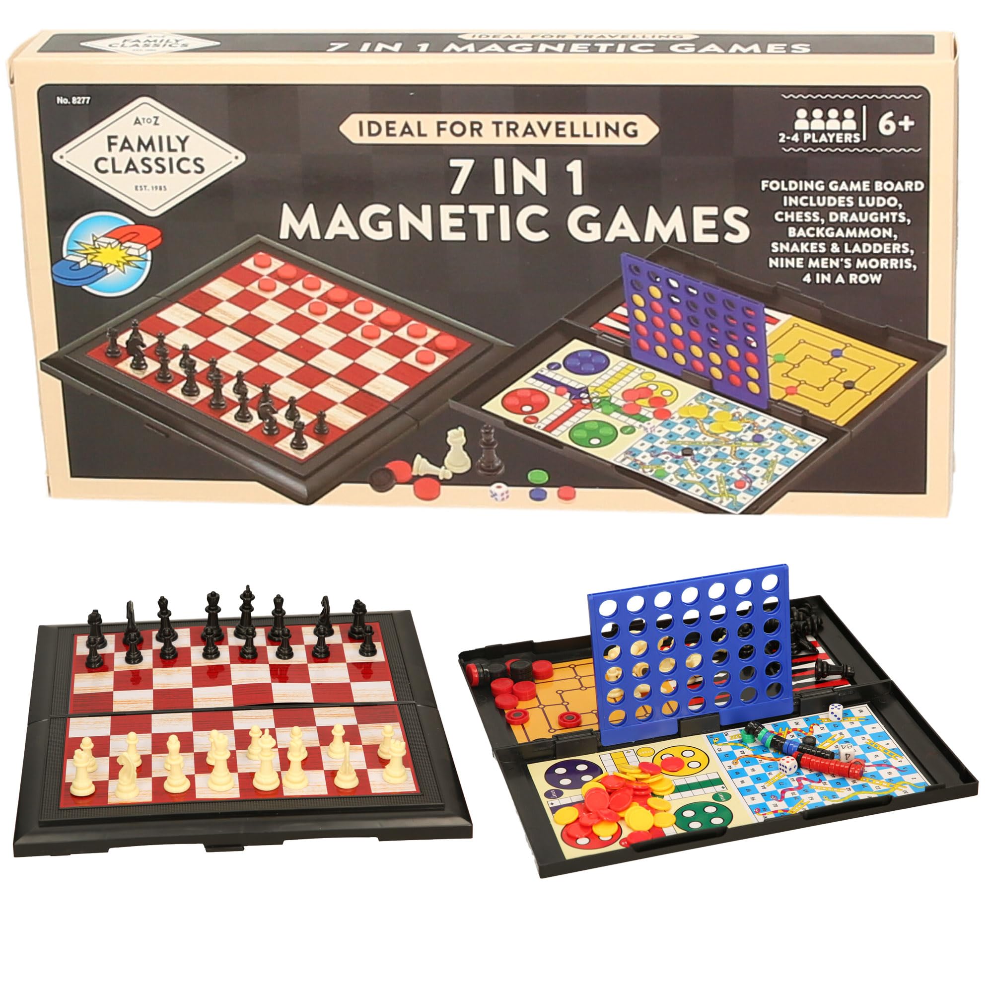 7-in-1 Magnetic Travel Board Games Set, Chess, Draughts, Ludo, Snakes & Ladders, Backgammon, Nine Men's Morris, 4-in-a-Row, for Ages 6+, Black and White