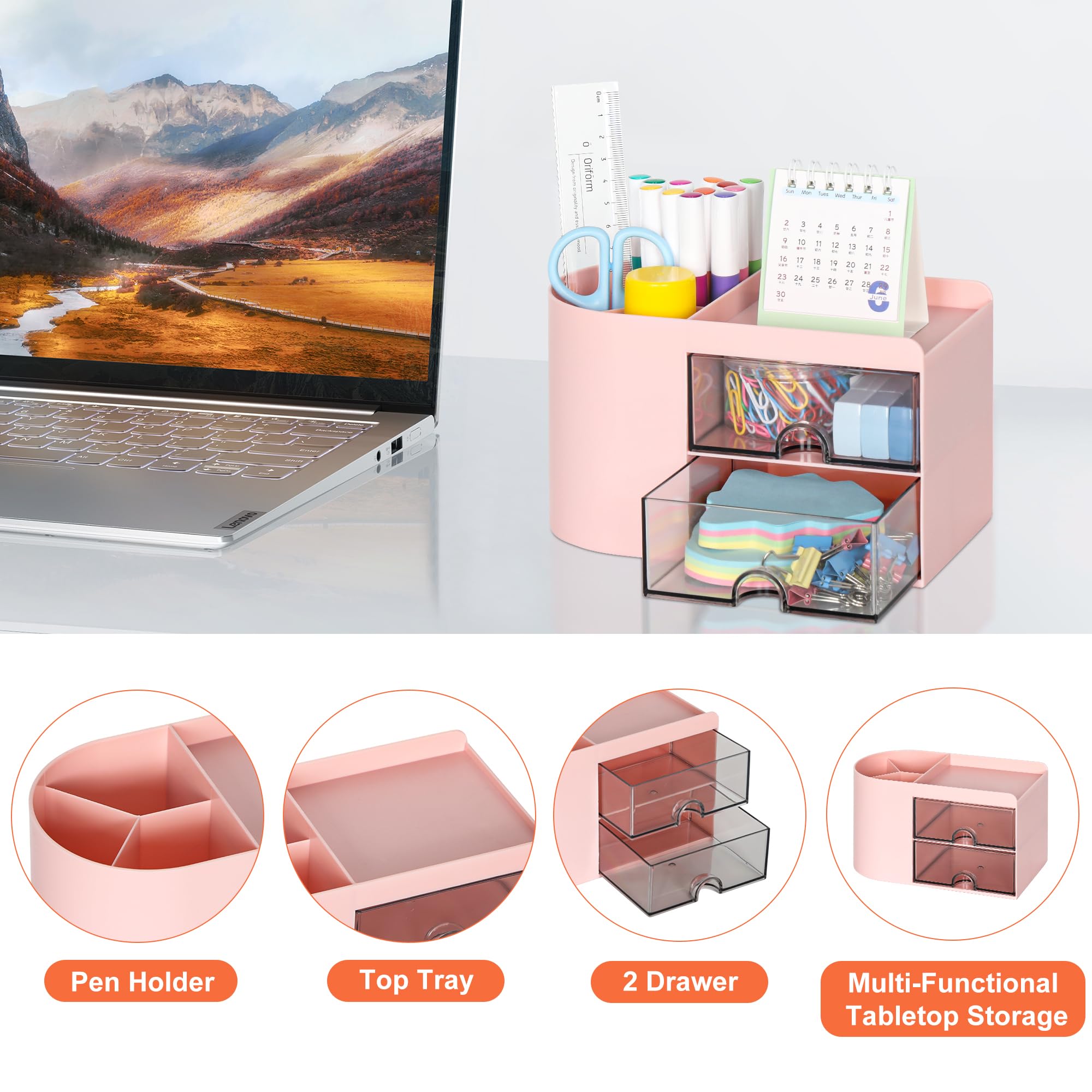 TQVAI Desk Organiser with Drawers Multifunctional Pen Holder for desk 3 Compartments 2 Drawer Dividers for Office School and Home, Pink - Image 3